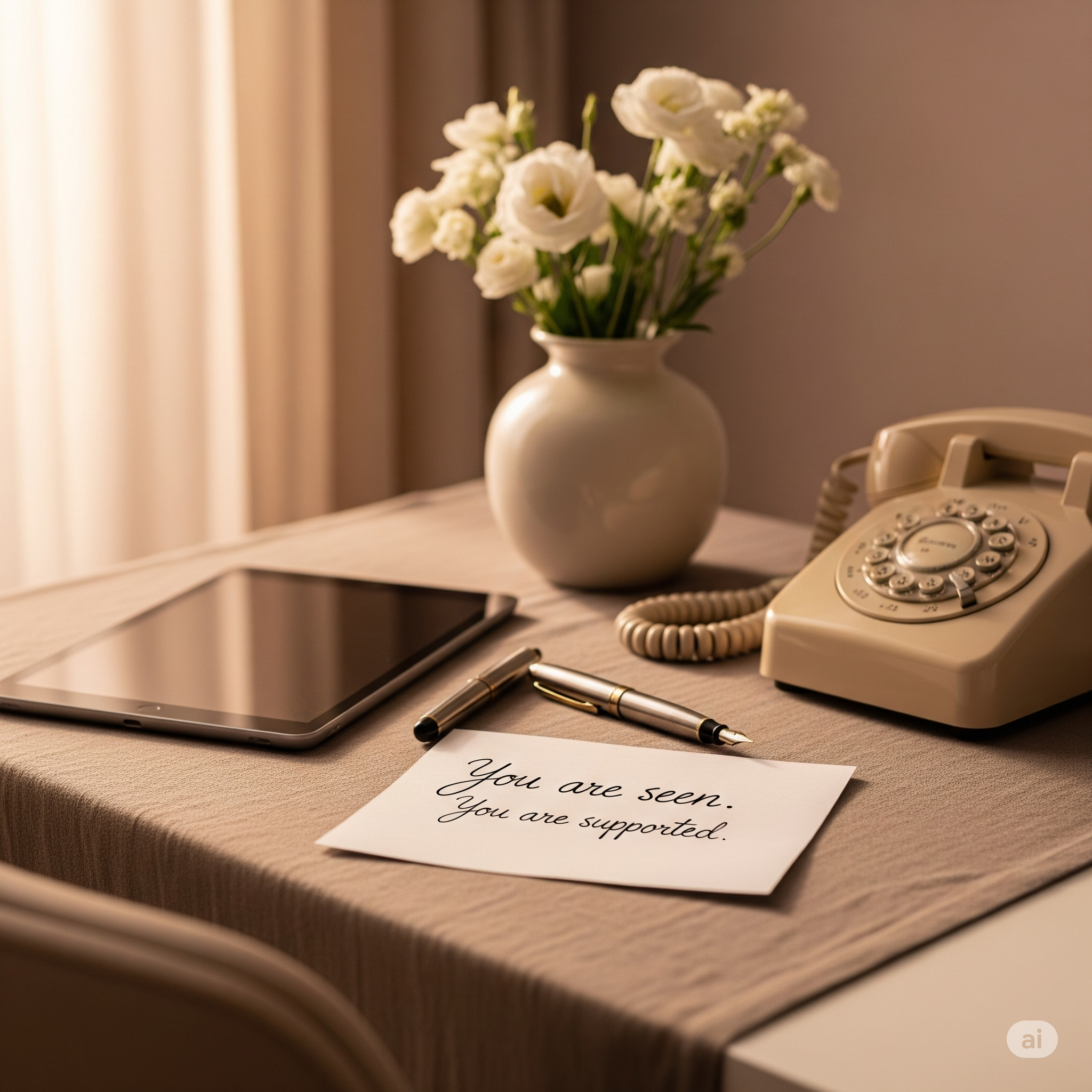 A beige table with a white vase of white flowers, an old-fashioned beige rotary phone, a tablet, a silver pen, a black pen, and a note that says "You are seen. You are supported.".
