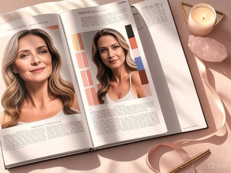 Open magazine displaying a woman's portrait and a color palette, placed on a pink desk with a lit candle, pink quartz, a pink ribbon, and a gold pen.