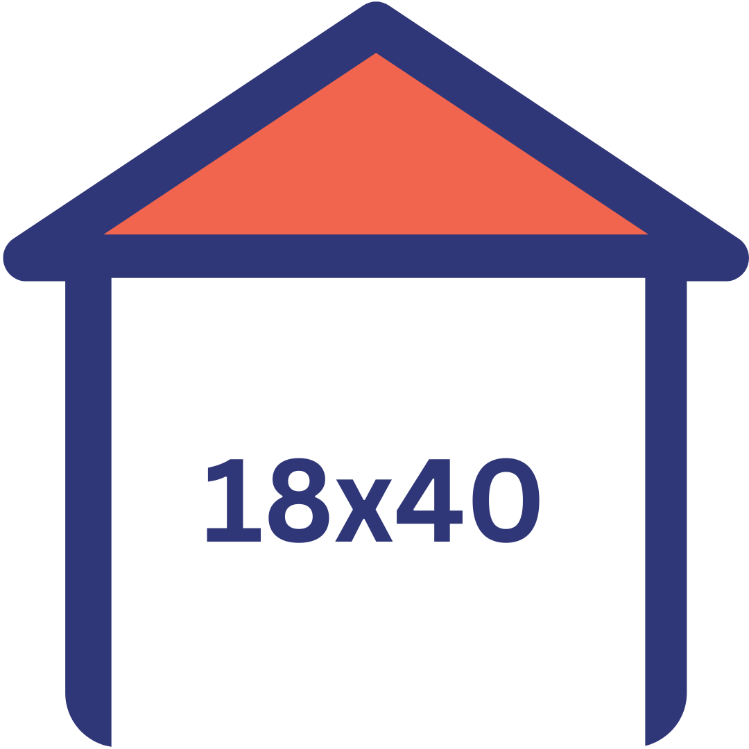 Icon of a house with a blue outline and an orange roof, and the dimensions 18x40 written inside.