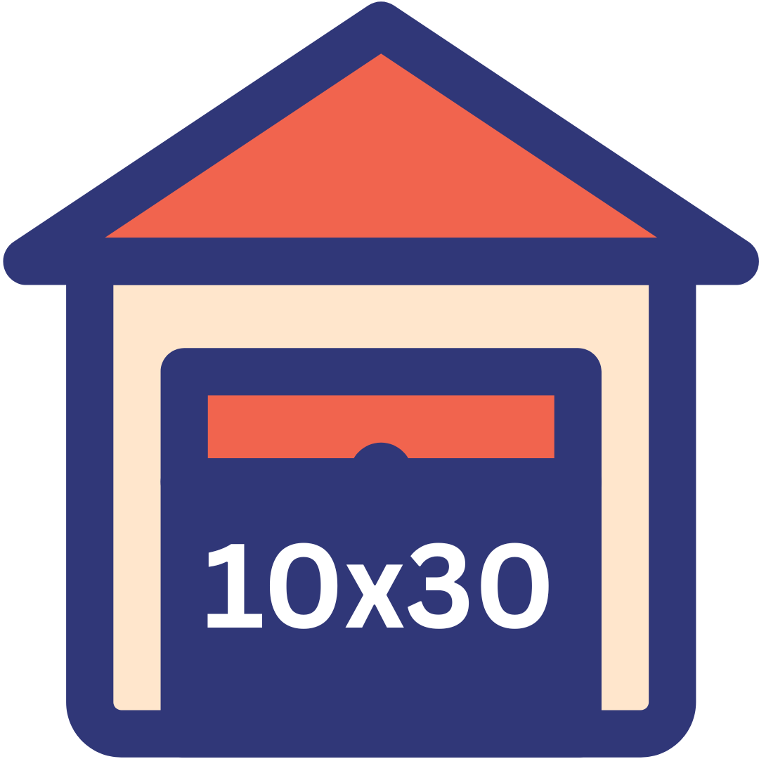 Illustration of a garage with a peaked roof, a door with a handle, and space for a 10x30 sign.