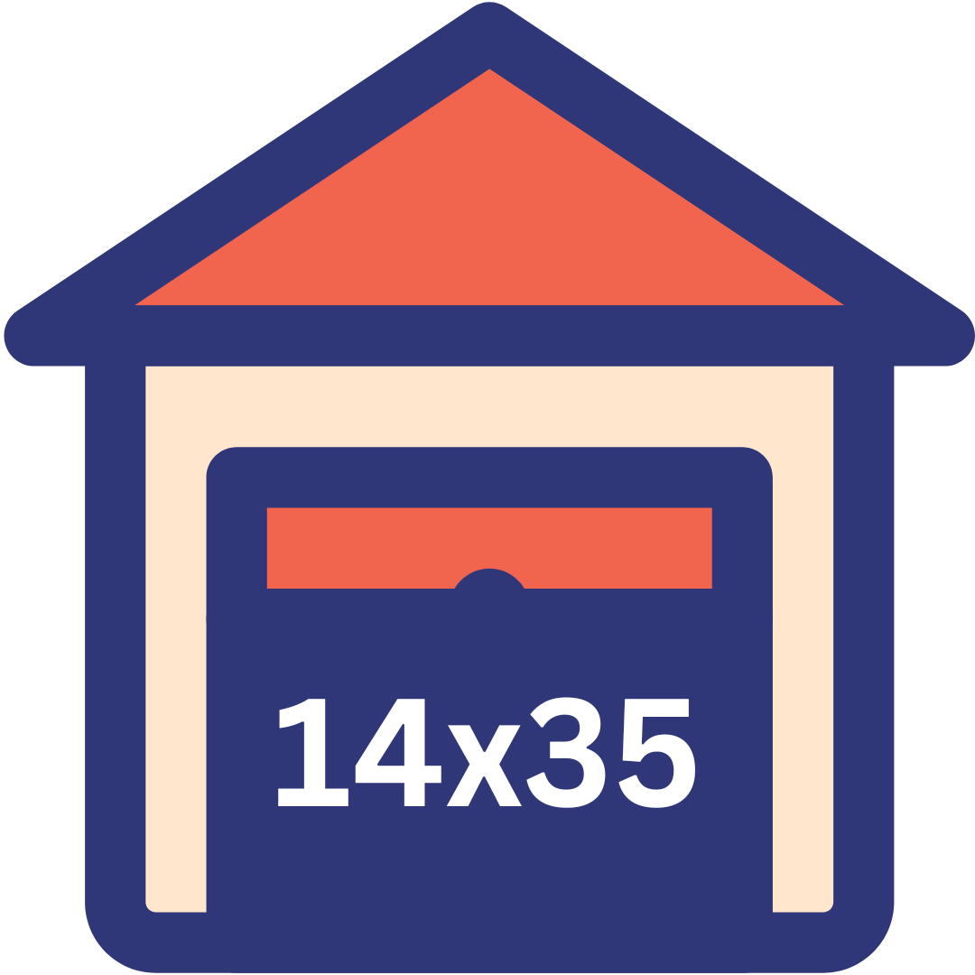 Illustration of a house with a red roof, blue accents, and a beige body, featuring the dimensions 14x35 written on it.