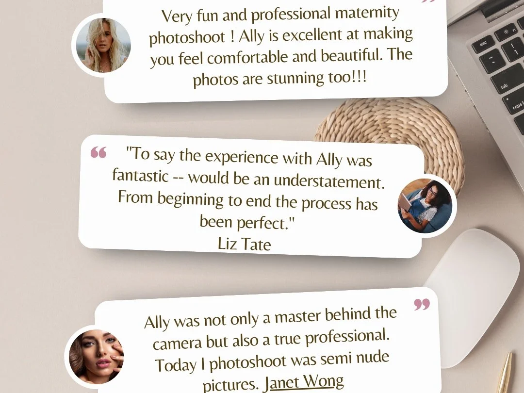 Screenshot of online reviews praising Ally for her professional maternity photoshoot, highlighting her skill in making clients comfortable and creating stunning images, with profile pictures of clients Janet Wong and Liz Tate, and a desk setup with a laptop and mouse.