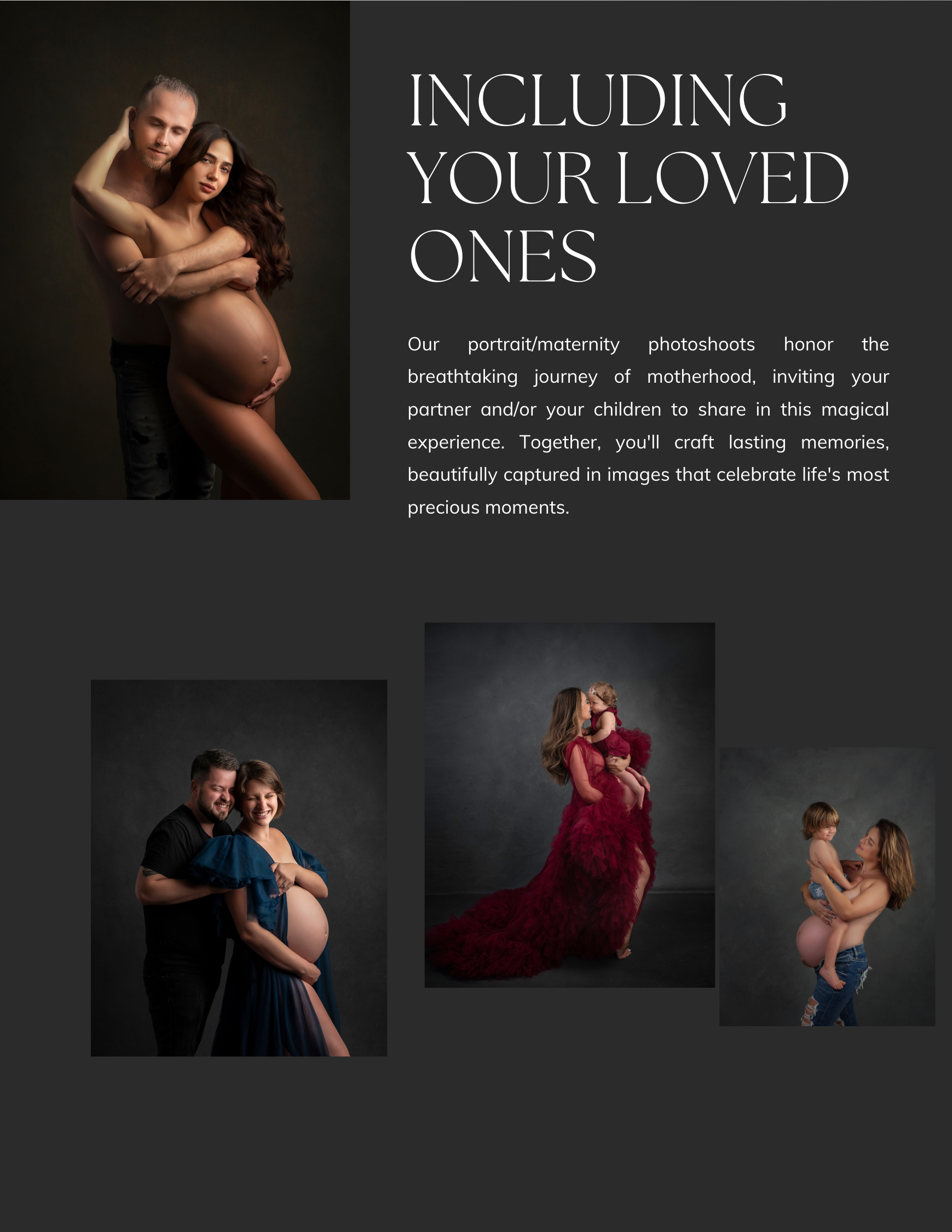 Gallery of maternity and family photos including a pregnant woman, couple, mother and child, and mother holding her toddler, all in studio settings with dark backgrounds.