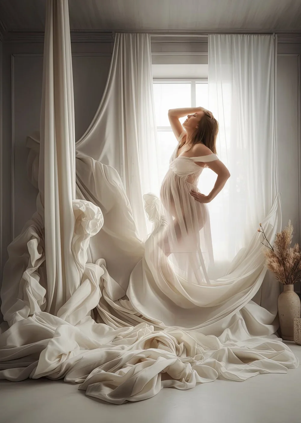 A pregnant woman in a flowing, off-shoulder white dress posing in front of a window with sheer curtains, with draped fabric and a vase with dried plants in a softly lit room.
