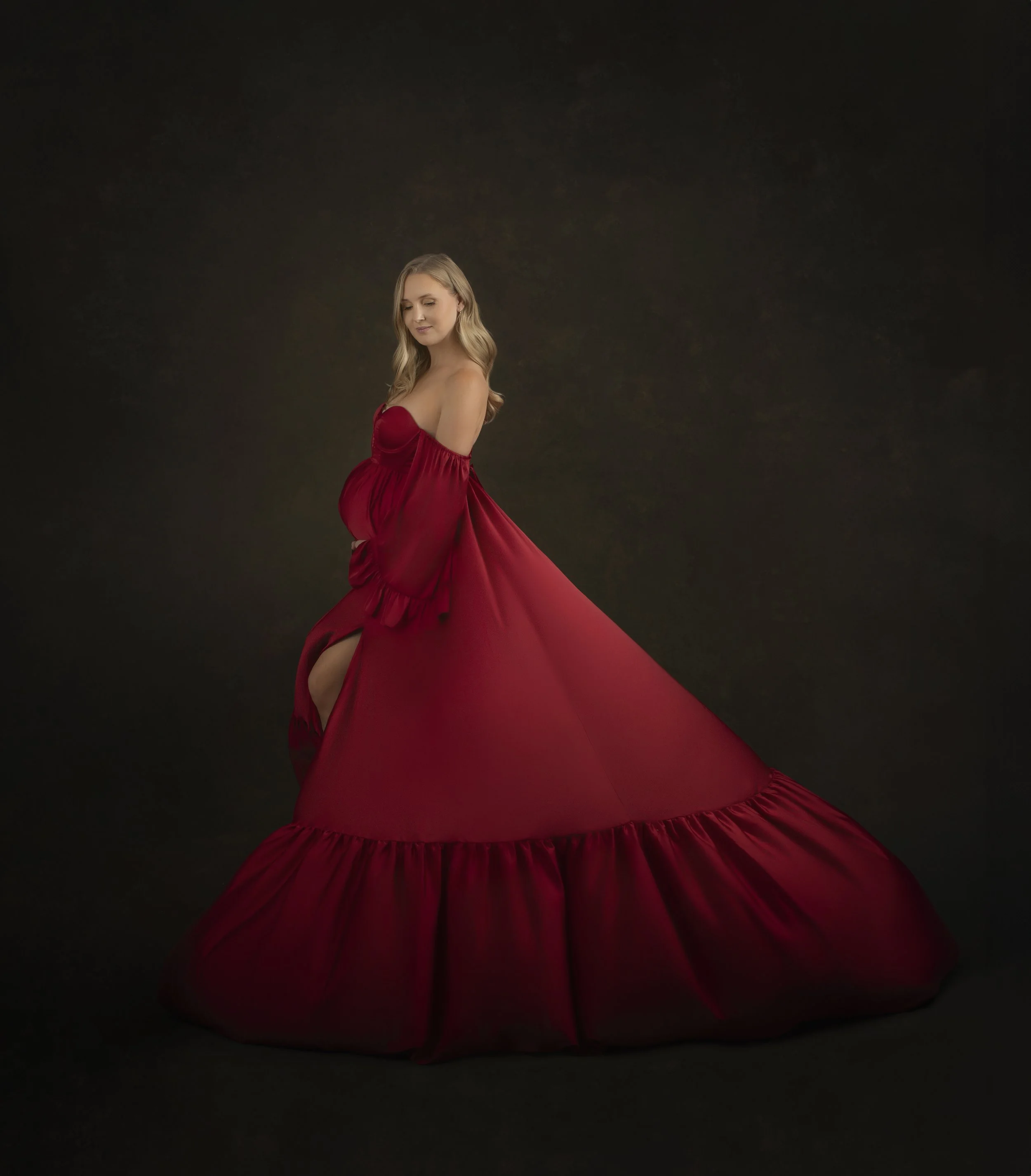 Dramatic flowing red gown pregnancy photoshoot, Fort Lauderdale