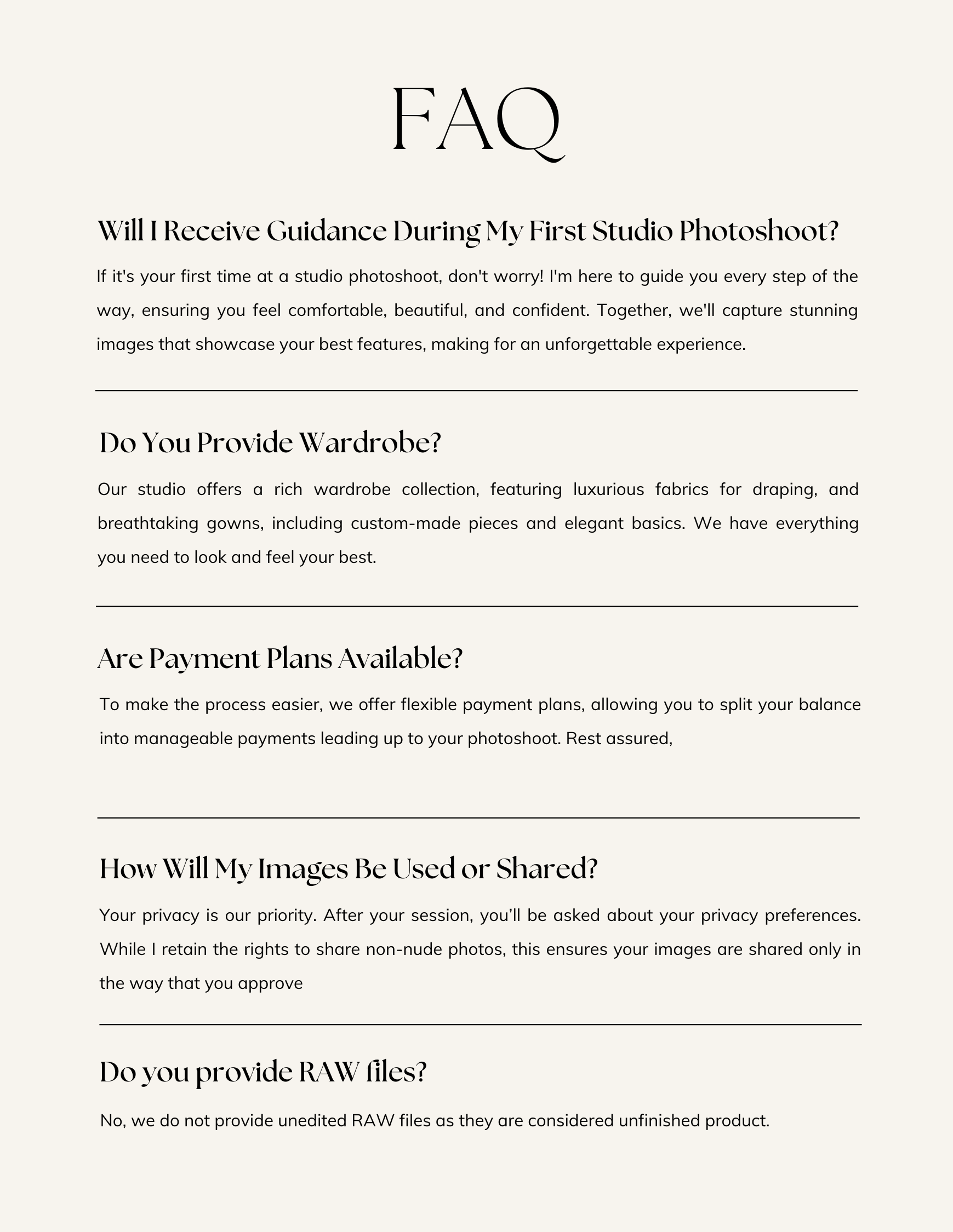 FAQ page with questions and answers related to studio photoshoot guidance, wardrobe, payment plans, image sharing, and RAW files.