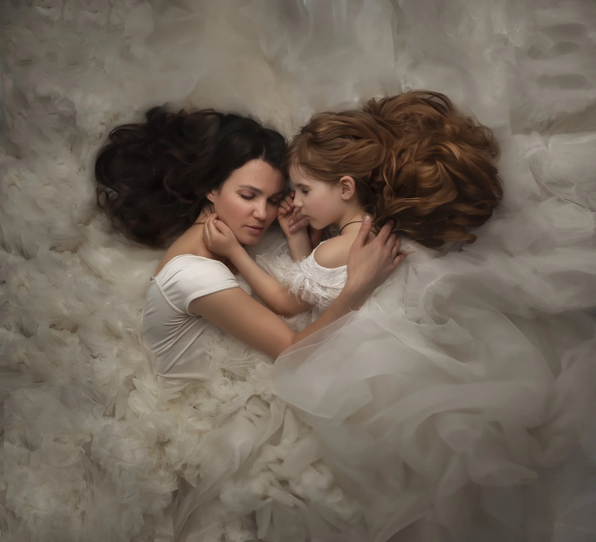 A woman and a young girl lie on a fluffy white surface, embracing each other peacefully with their eyes closed, both wearing white dresses.