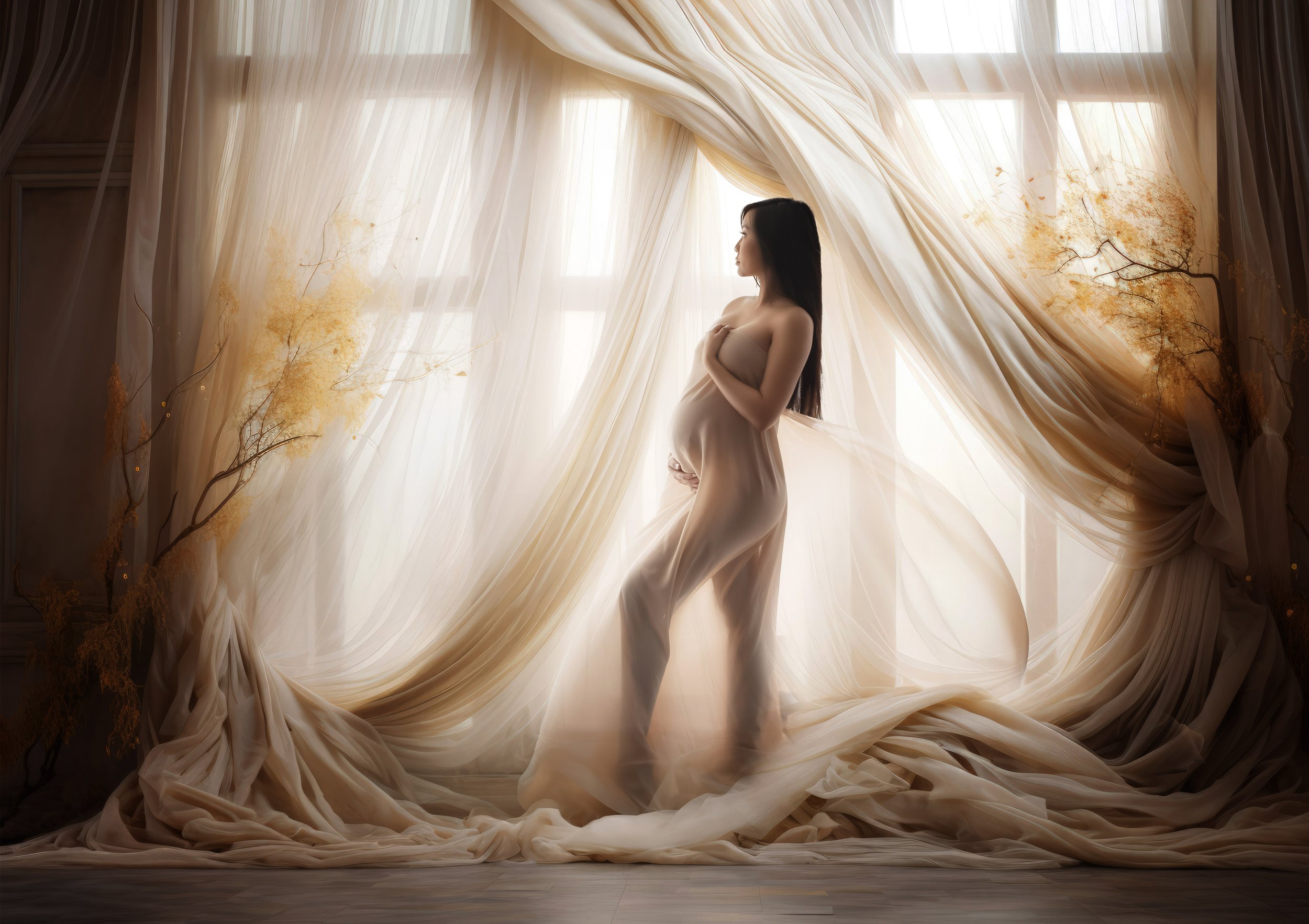 A pregnant woman standing by a large window with flowing curtains, backlit by sunlight, with her hand on her belly.