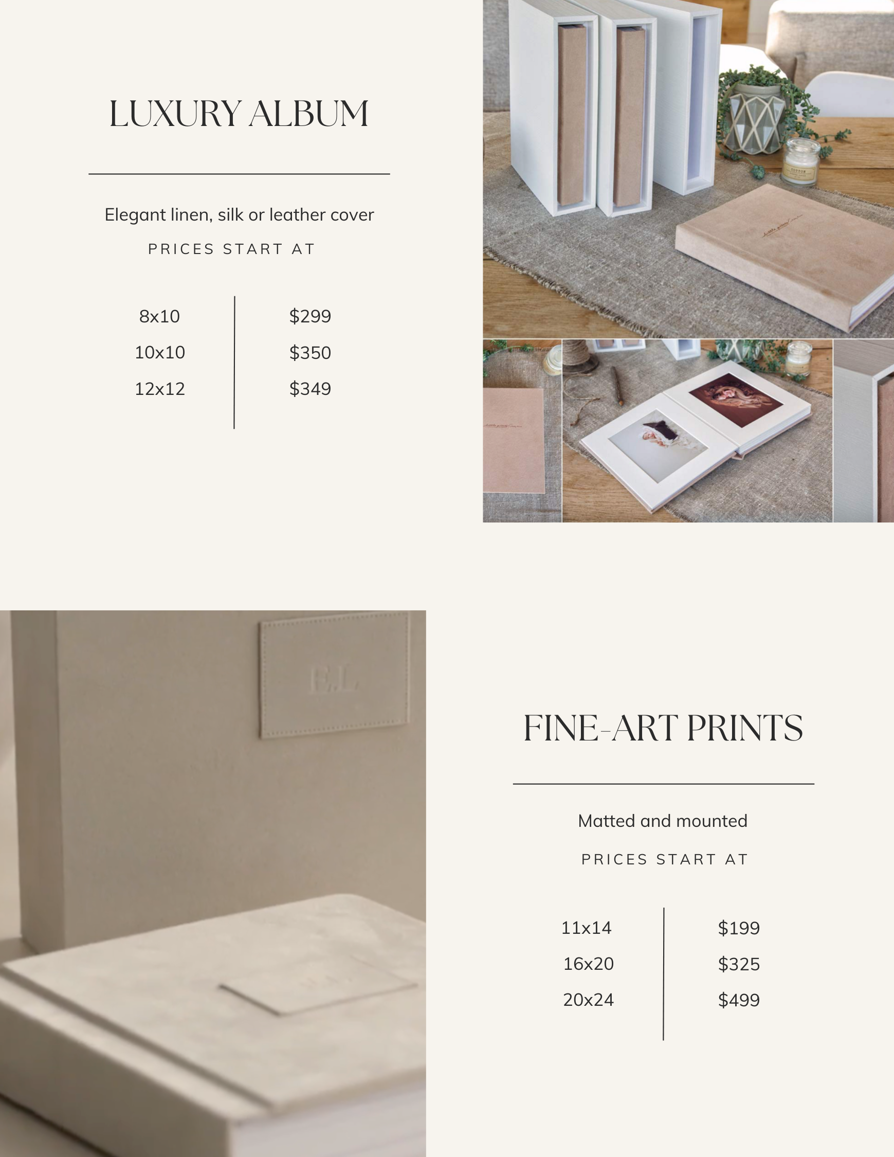 Decorative display of luxury albums and fine art prints with price lists, showing albums with linen, silk, or leather covers, and fine art prints in various sizes including 11x14, 16x20, and 20x24 inches.