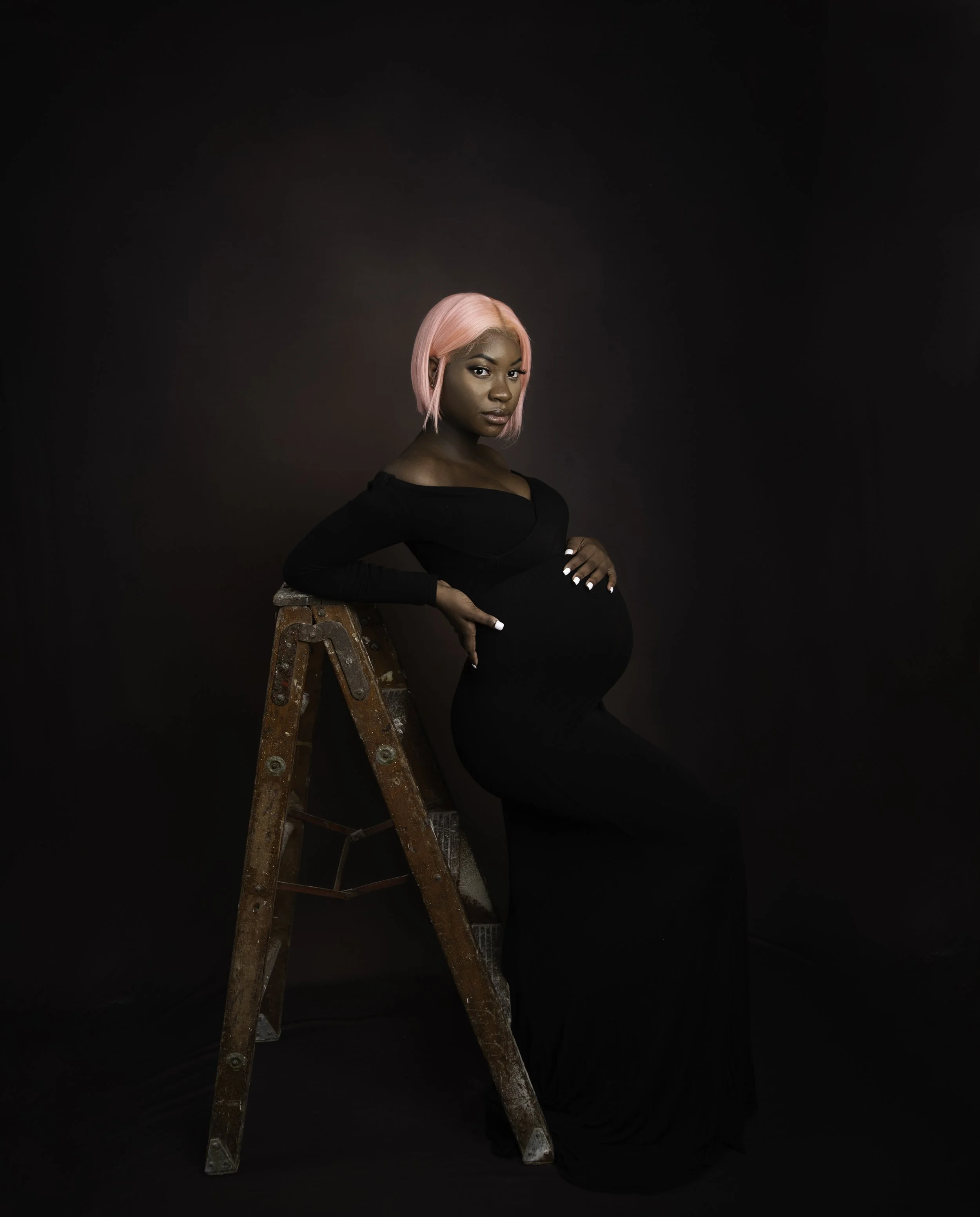 High-end editorial maternity portrait on a stool, Cooper City FL