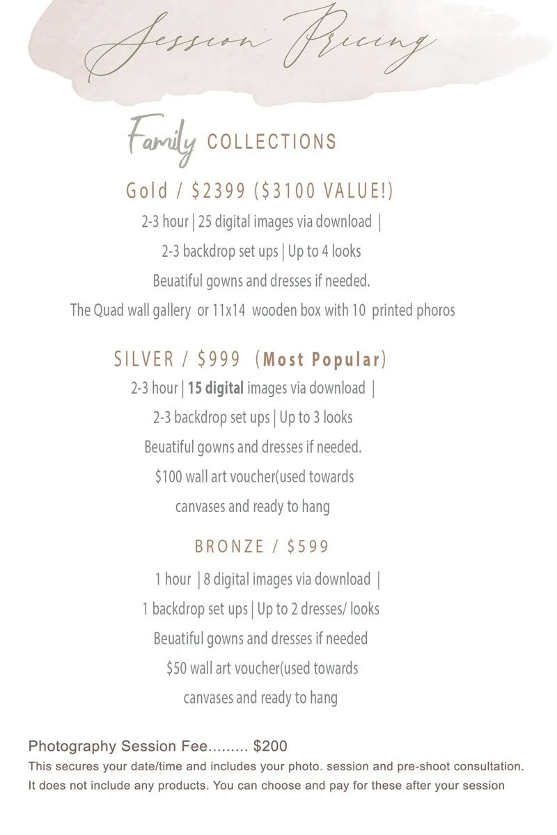 Pricing details for photography sessions,