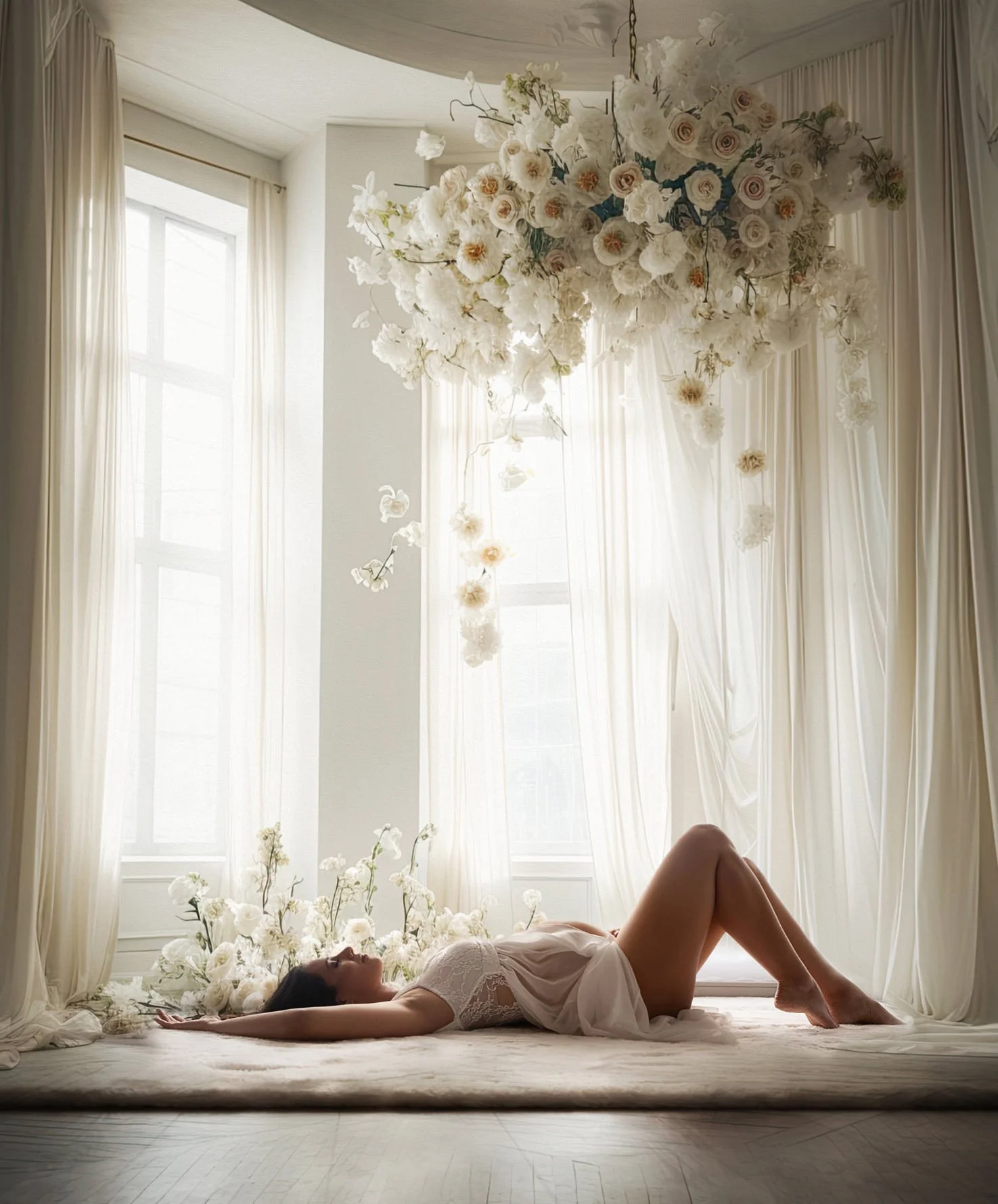 Elegant maternity portrait by the window with flowers, Fort Lauderdale.
