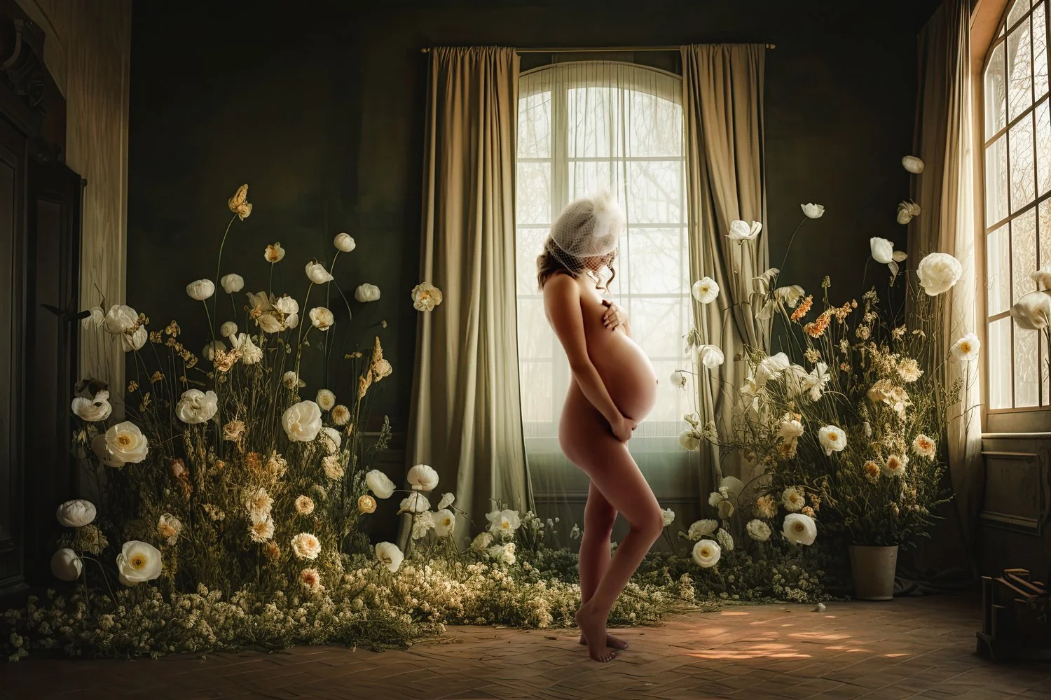 A pregnant woman standing nude in a room filled with white flowers, with her head tilted downward and hands gently resting on her belly, in front of large windows with curtains and natural light.
