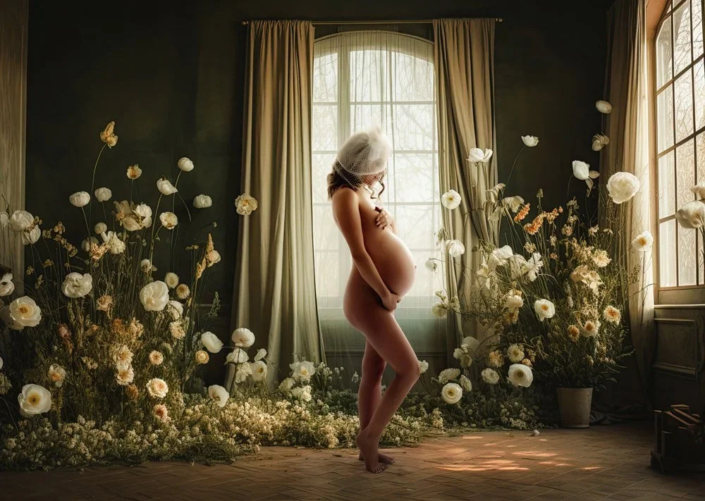 A pregnant woman standing in a softly lit room with large windows and cream curtains, surrounded by white flowers and greenery.