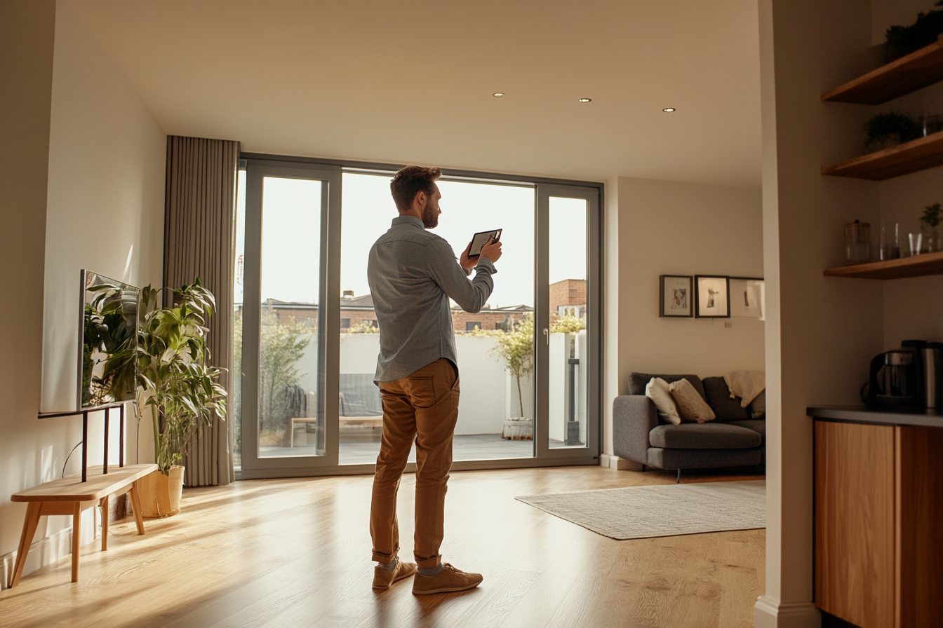 A man standing in a modern living room, looking at a tablet or phone, with large glass doors leading to an outdoor balcony with plants and outdoor furniture.