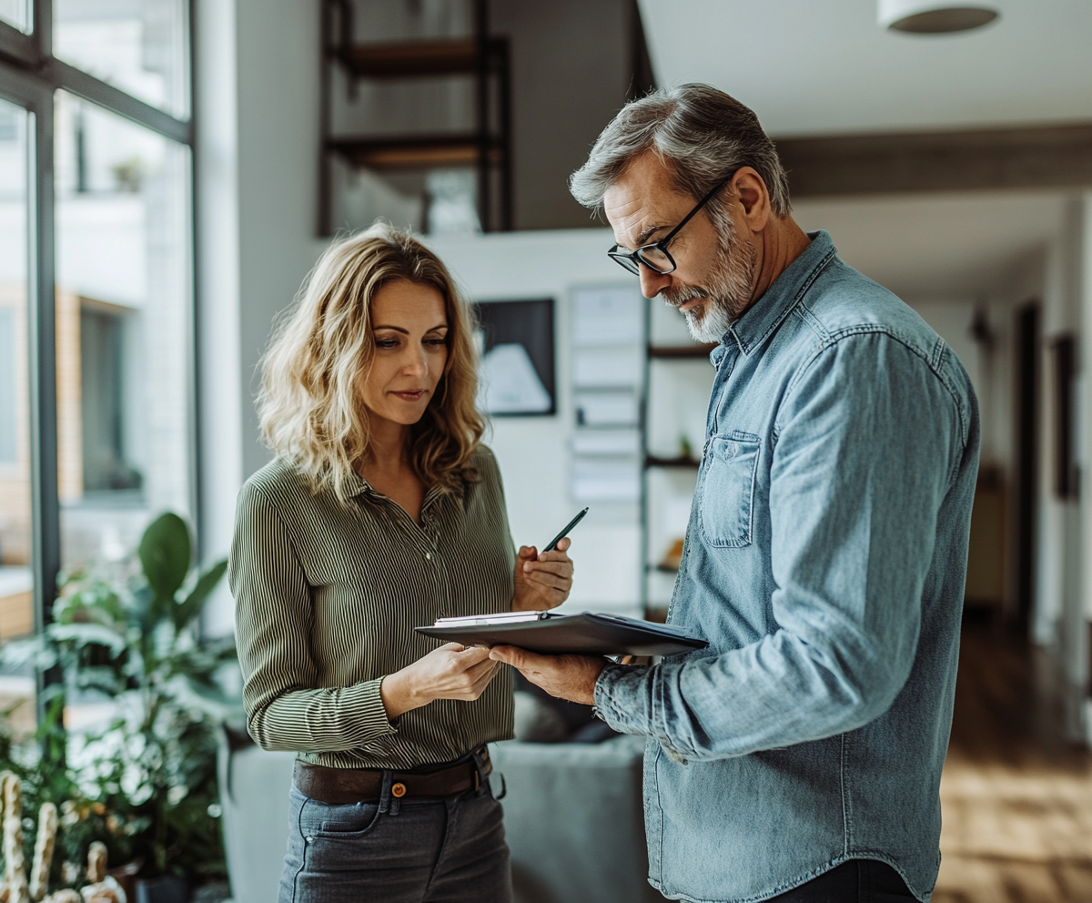 Two adults, a woman with curly blonde hair and a man with gray hair and glasses, are looking at a clipboard or notebook together indoors, with a large window and houseplants in the background.