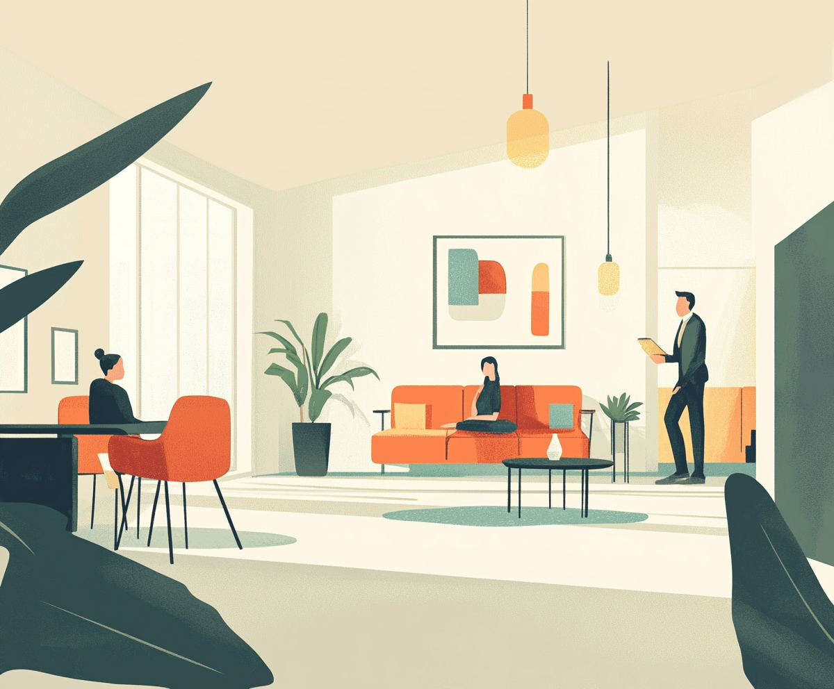 Illustration of a modern waiting room with three people: a man in a suit using a tablet, a woman sitting on an orange couch, and a woman sitting at a table with a laptop. The room has large windows, plants, abstract art, and warm lighting.