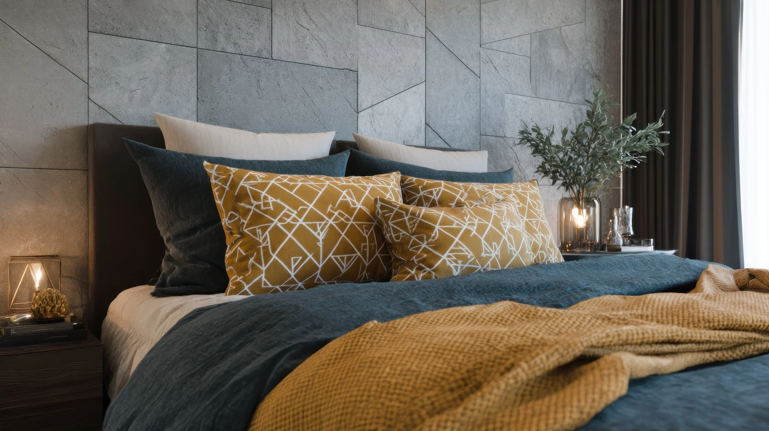 A neatly made bed with a variety of decorative pillows in different colors and patterns, against a textured gray stone wall, with a side table holding a plant, glass vases, and a tray with books, and dark curtains by a window.