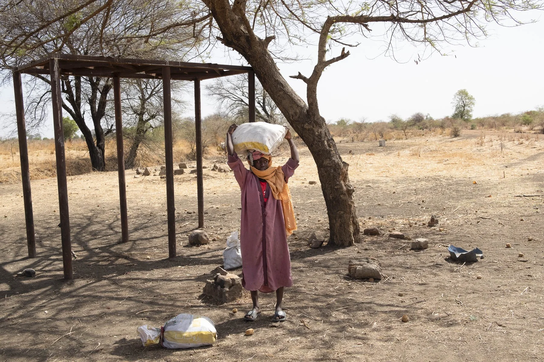 A woman in a pink dress and orange scarf is carrying a white bag on her head and standing in a dry, arid landscape with sparse trees and rocks, near a metal structure and a leaning tree.