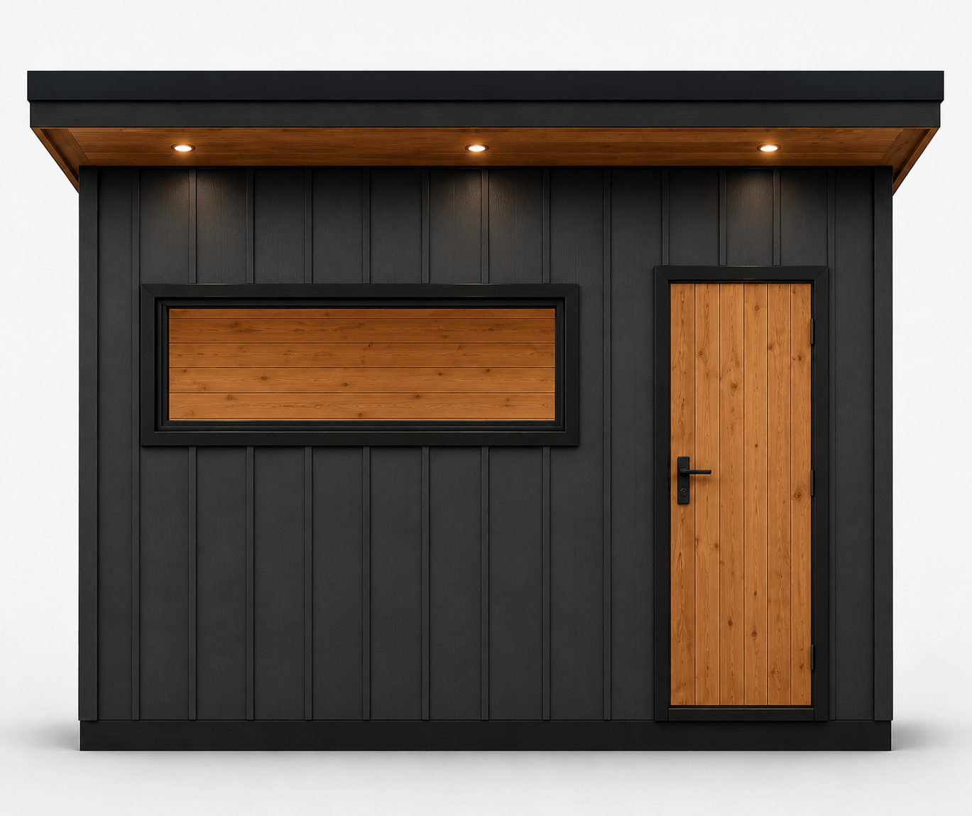 A small black sauna with board and batten, a cedar wooden door, and a horizontal window, with a wooden interior paneling and ceiling with recessed lighting.