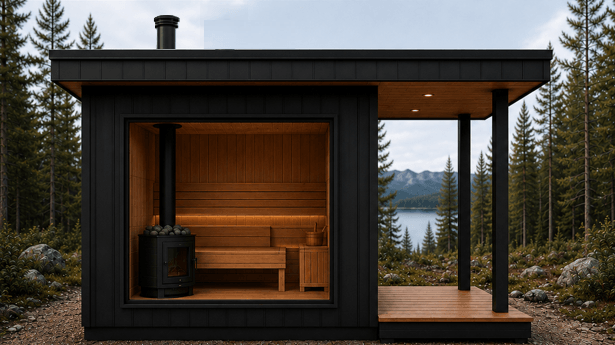 Exterior of a modern black sauna cabin with large open window, wooden interior, and bench, and covered deck. Set in a forest with mountains and lake in the background.
