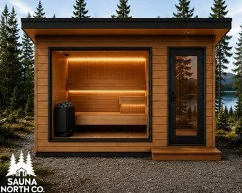 Modern sauna cabin with wooden exterior, interior lighting, change room and bench, located outdoors near a lake and trees.