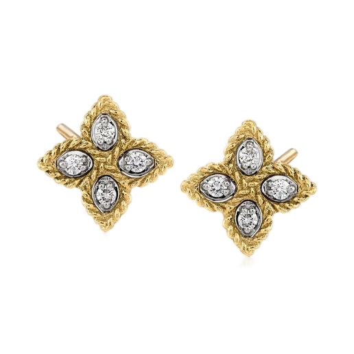 18k Yellow Gold Roberto Coin Princess Flower Diamond Small Stud Earrings