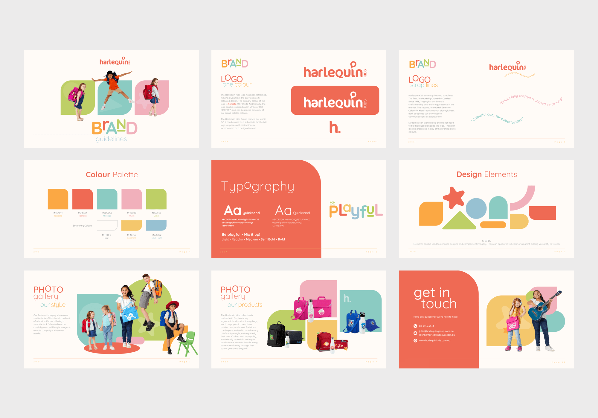 Harlequin Kids Brand Style Guide collage displaying 9 pages.