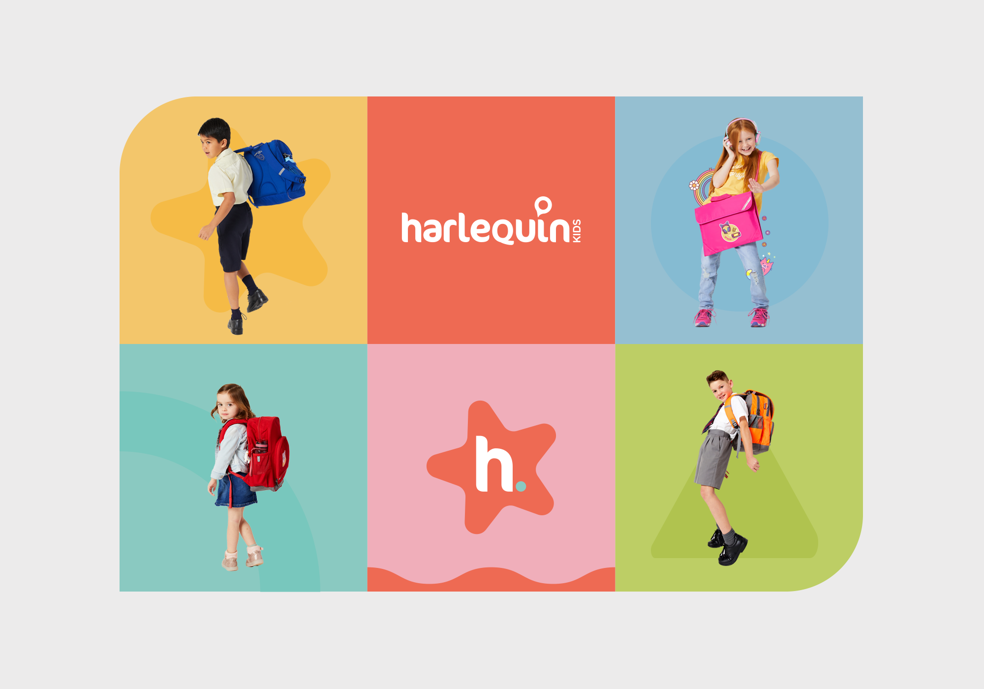 Harlequin Kids brand style montage showcasing the new colour palette and photography style.