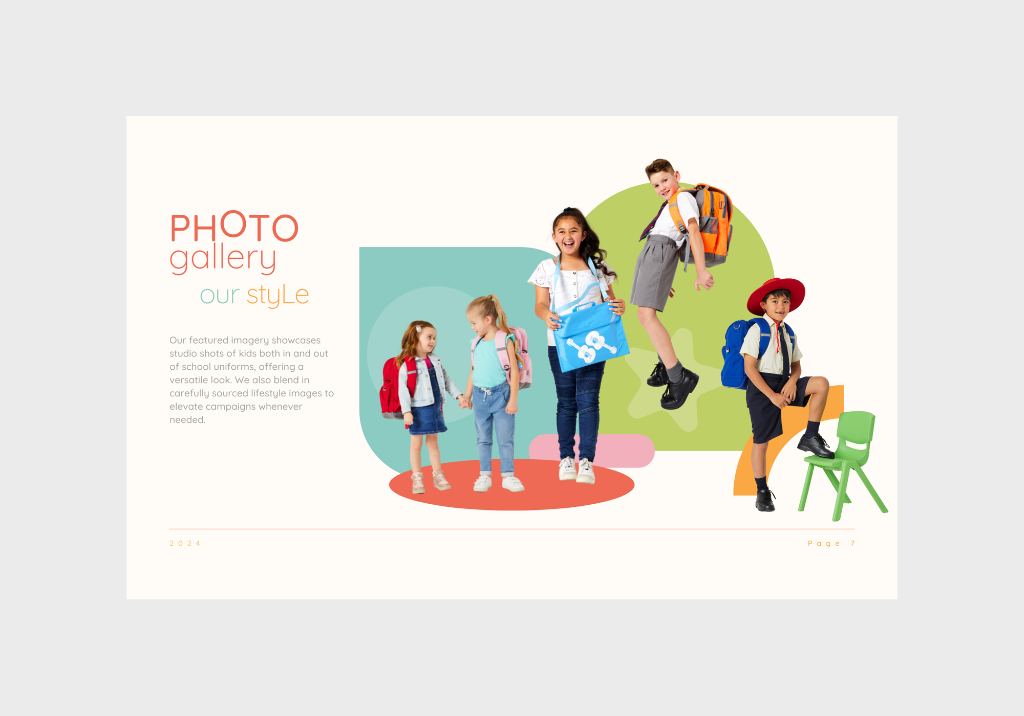 A page from the Harlequin Kids Brand Style Guide showcasing the photography style, featuring children modeling the products.