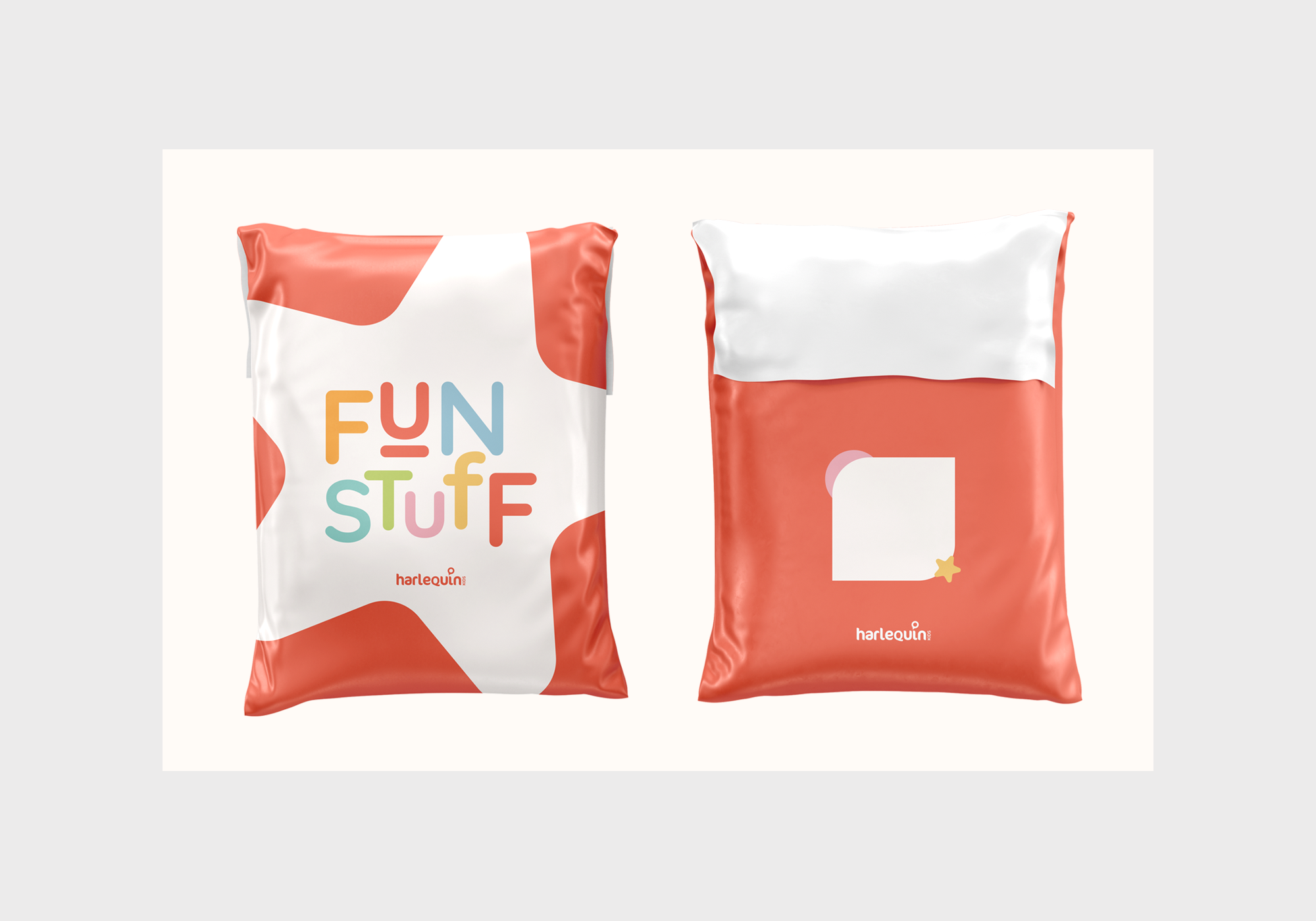 Harlequin Kids branded point-of-sale packaging bags feature a bold red design with a large white star and the playful phrase 'FUN STUFF' printed across it.