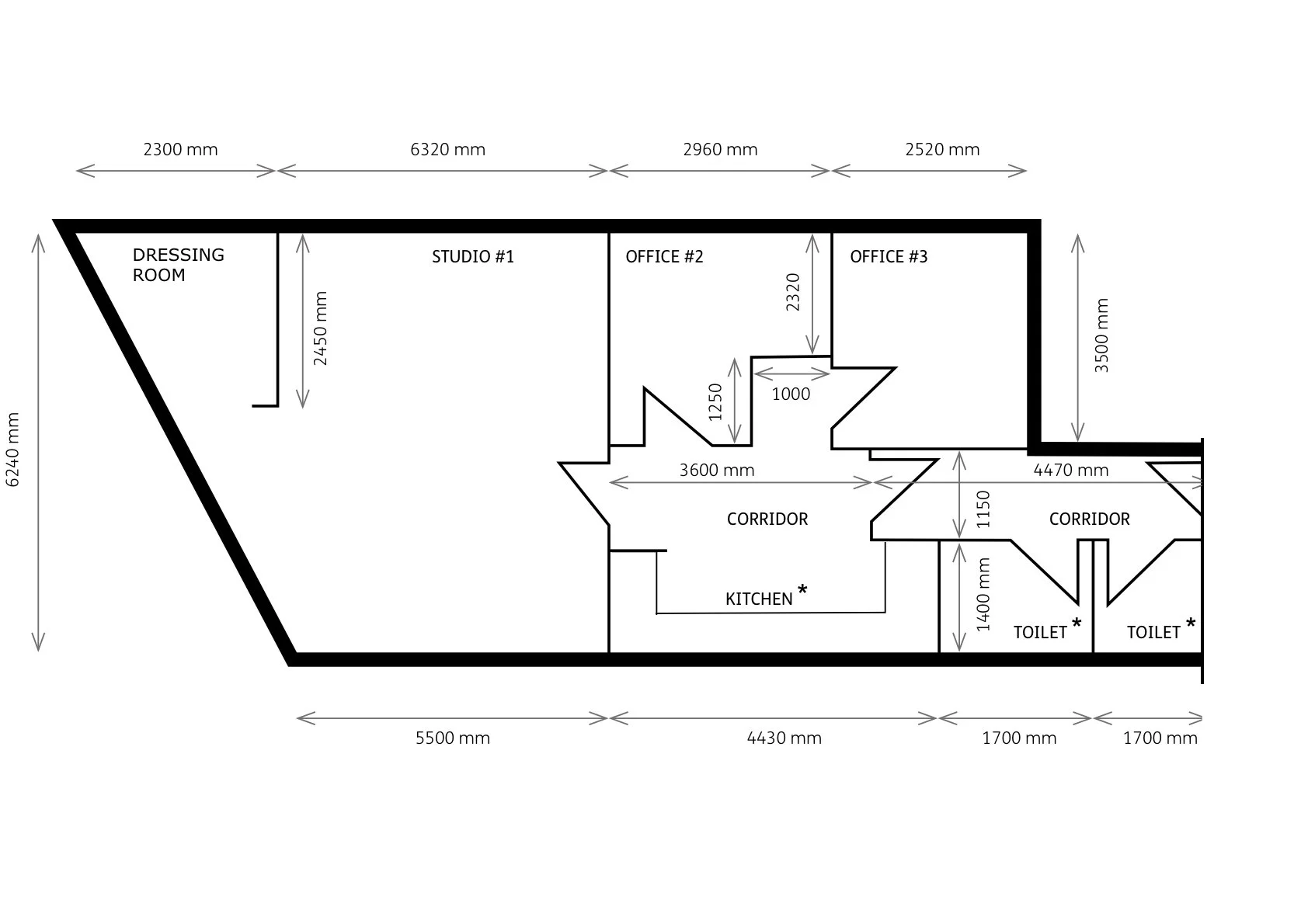 Floor plan of a building with labeled rooms including dressing room, studio, offices, kitchen, corridors, and toilets, with measurements in millimeters.