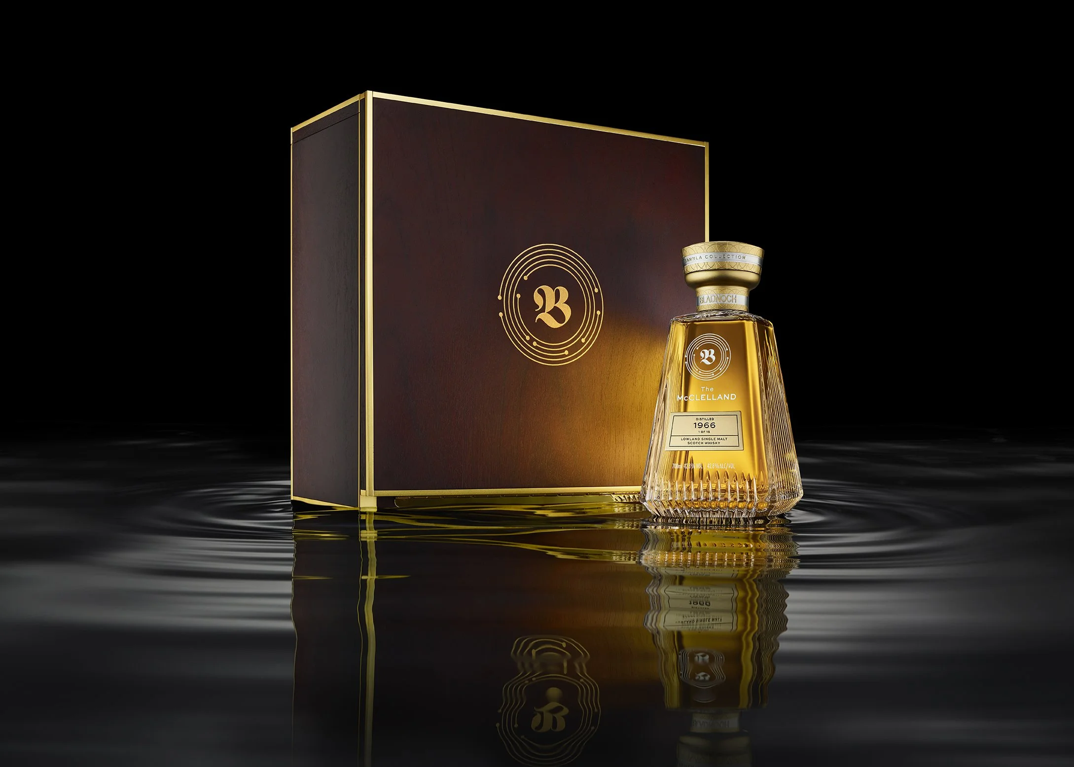 Bladnoch Prestige Whisky bottle and case on rippled water. Samhla Collection.
