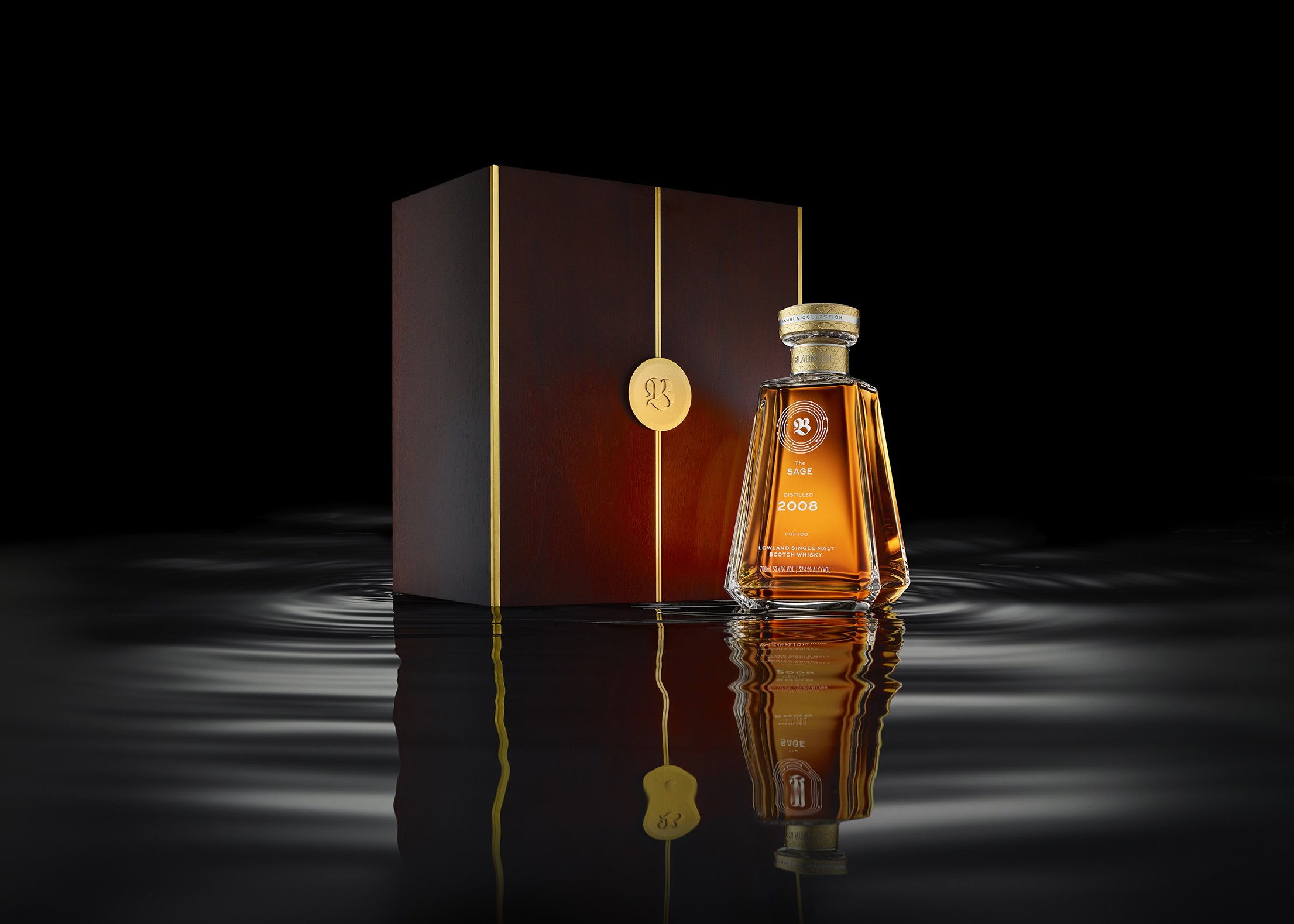 Bladnoch Prestige Whisky bottle and case on rippled water. Samhla Collection.