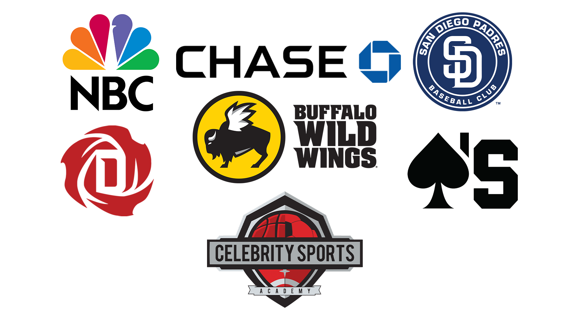 Collection of partnered logos including NBC, San Diego Padres, JP Morgan Chase, Buffalo Wild Wings, Derrick Rose, Celebrity Sports Academy, and Brand Aces.