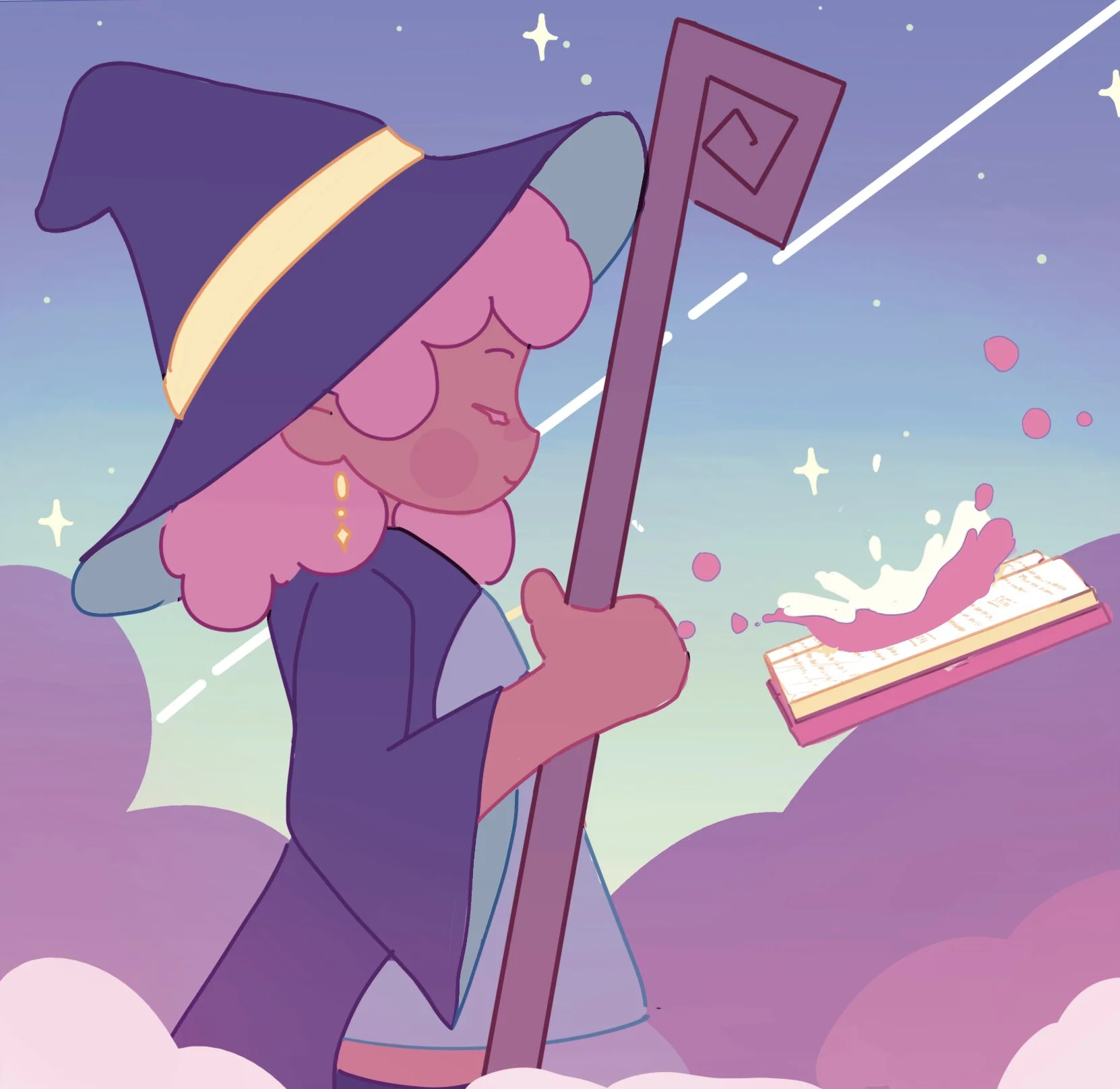 A cute illustration of a black witch opening a book with magic