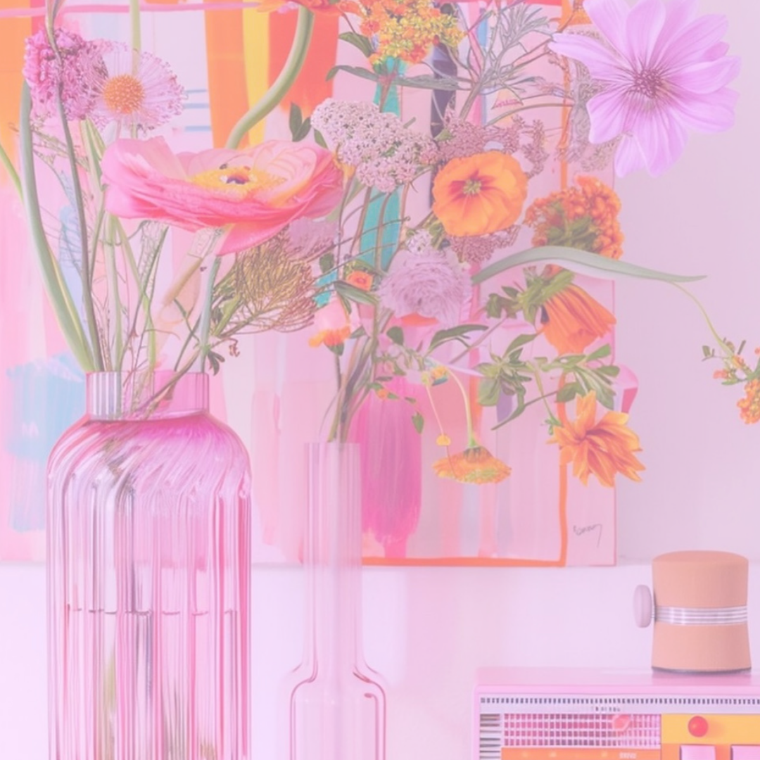 Decorative pink vases with mixed colorful flowers on a white surface, with abstract pink and orange artwork in the background.