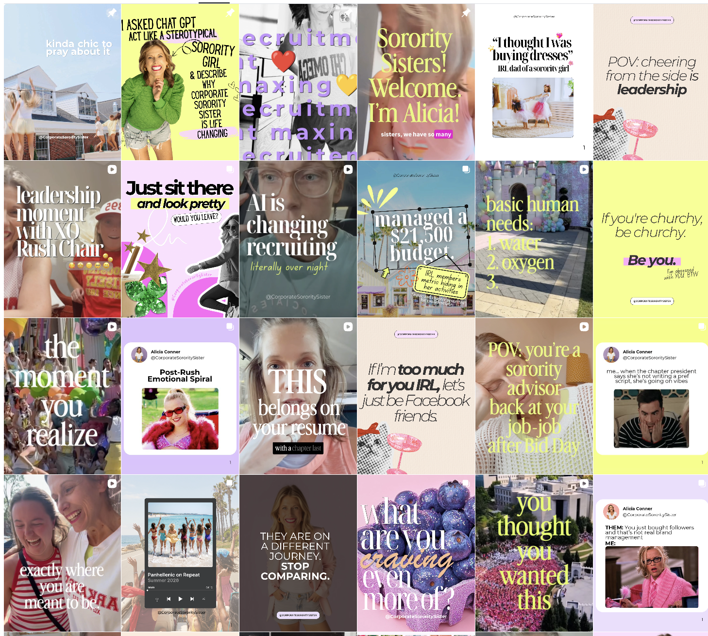 A collage of various social media posts and quotes related to sorority life, recruitment, leadership, and personal growth, featuring images of women, graphics, and motivational messages.
