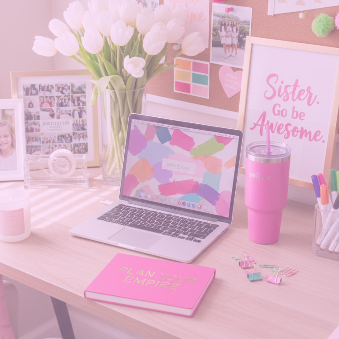 A workspace with a desk holding a laptop, pink planner, pink tumbler, and stationery. Behind, a vase of white tulips and a corkboard with photos and notes. Framed posters with motivational quotes and decorative items in pink and pastel colors.