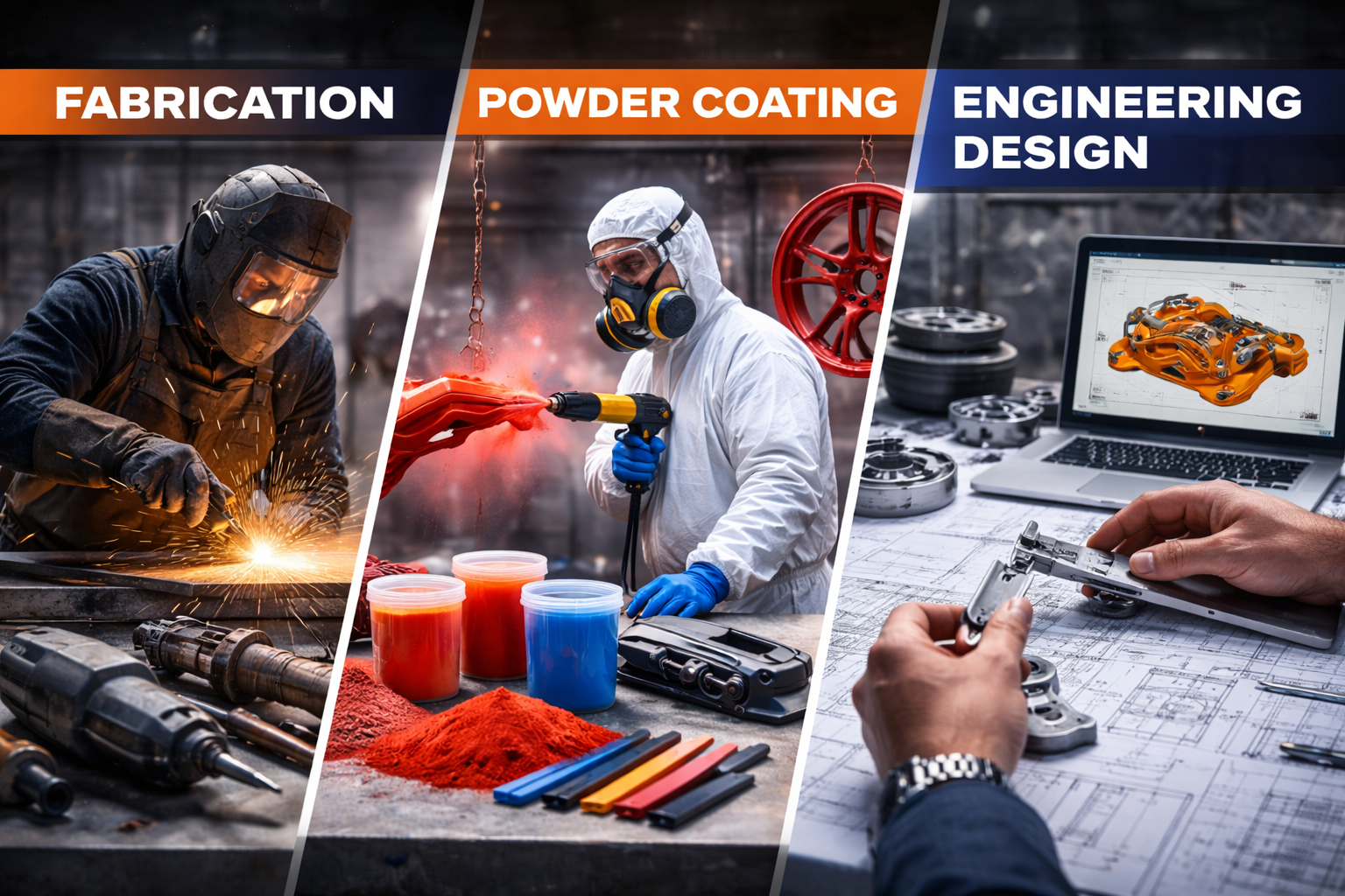 A collage showing three stages of automotive manufacturing: welding and fabrication, powder coating, and engineering design with a computer-aided design of a car part.