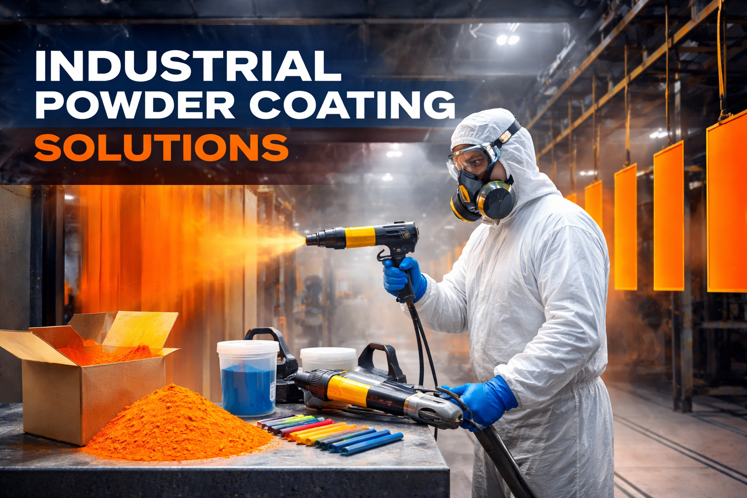A worker in protective gear disperses orange powder in an industrial setting, with containers of colored powder and blasting tools on the table.