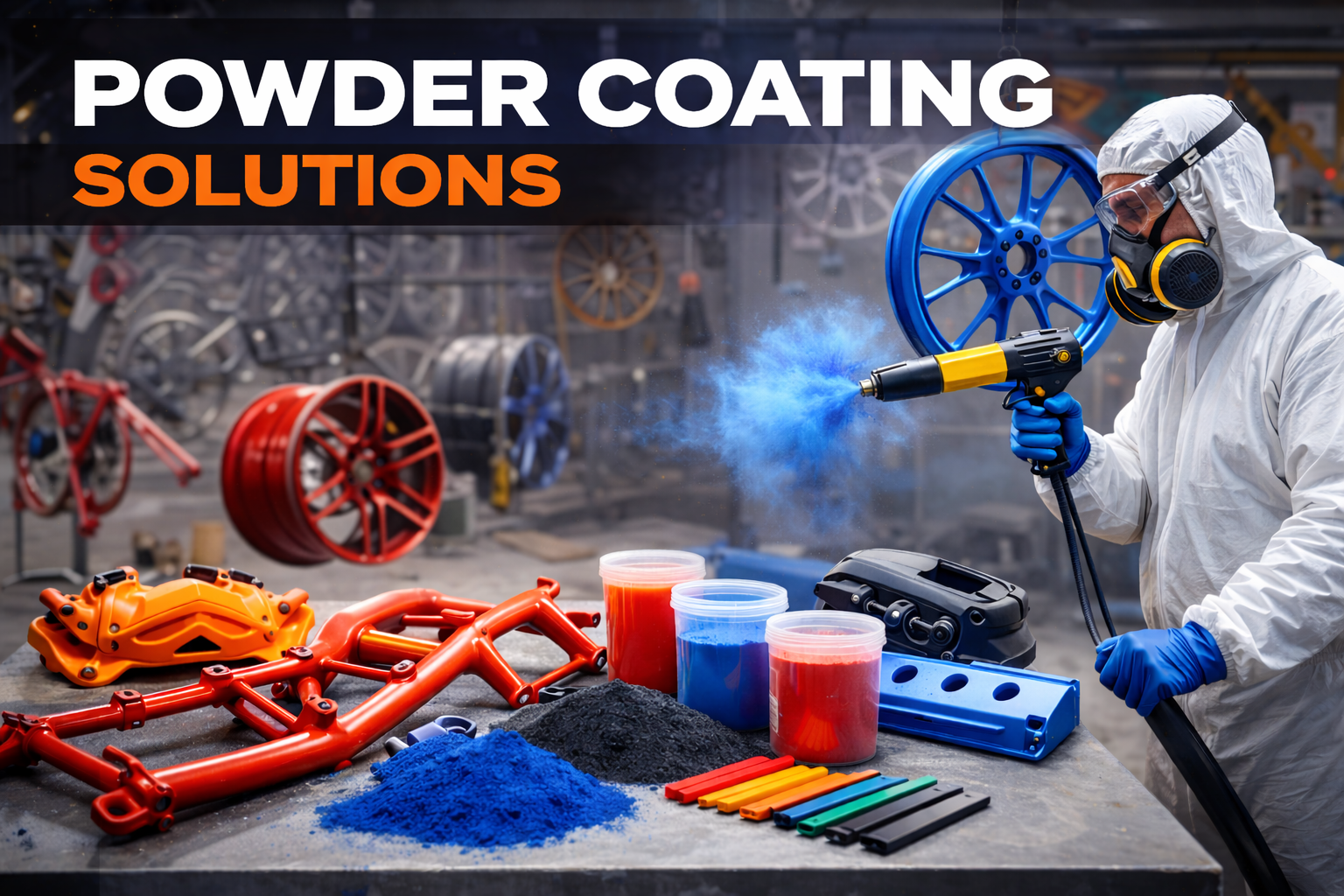 A person in protective gear using a heat gun to apply blue powder coating to car wheel rims in a workshop with various bicycle parts and tools on the table.