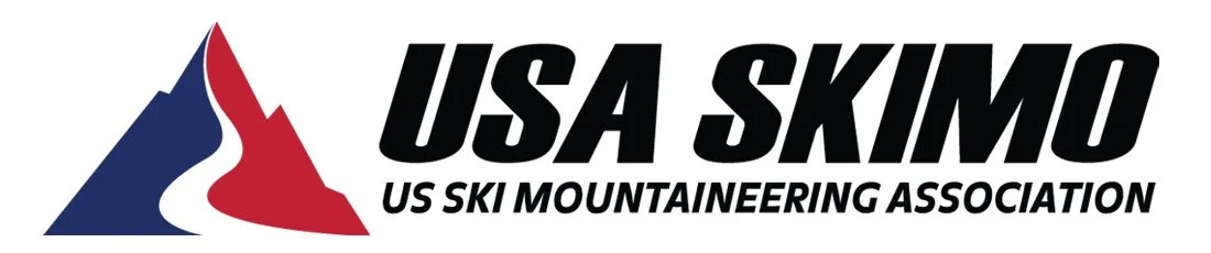 Logo of the USA SKIMO, US Ski Mountaineering Association, featuring a mountain with red, white, and blue colors.