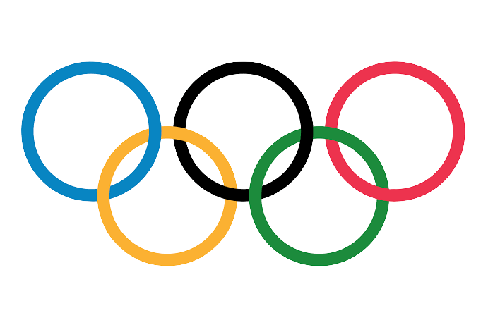 Olympic rings in blue, yellow, black, green, and red colors overlapping on a black background.
