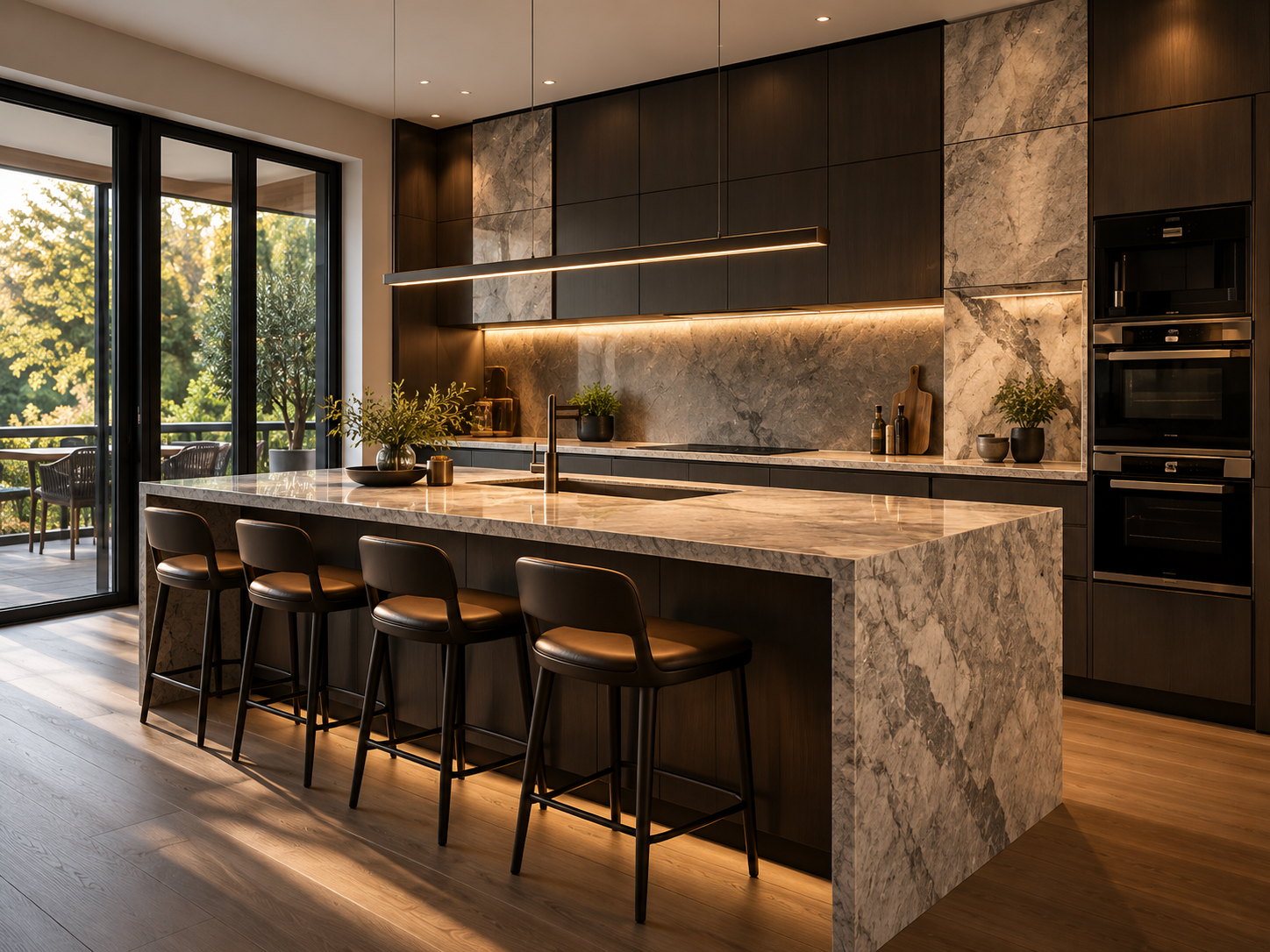 Completed luxury kitchen with dark cabinetry and natural stone island