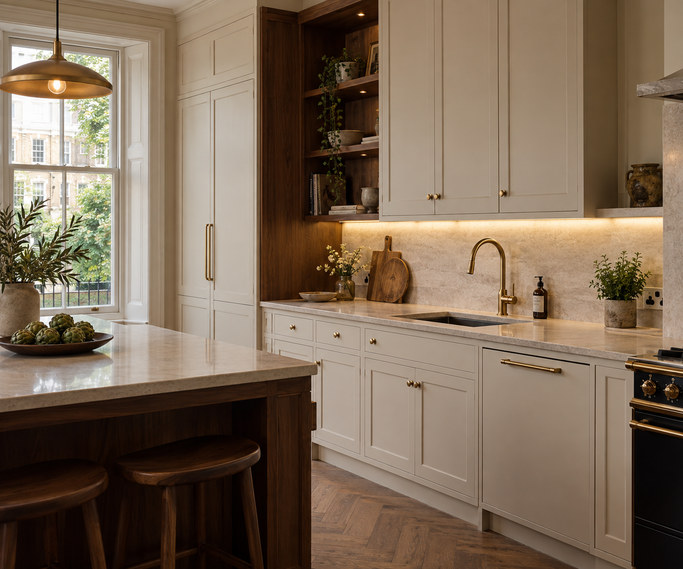 Kitchen sink and brass tap integrated into stone worktops and fitted cabinetry