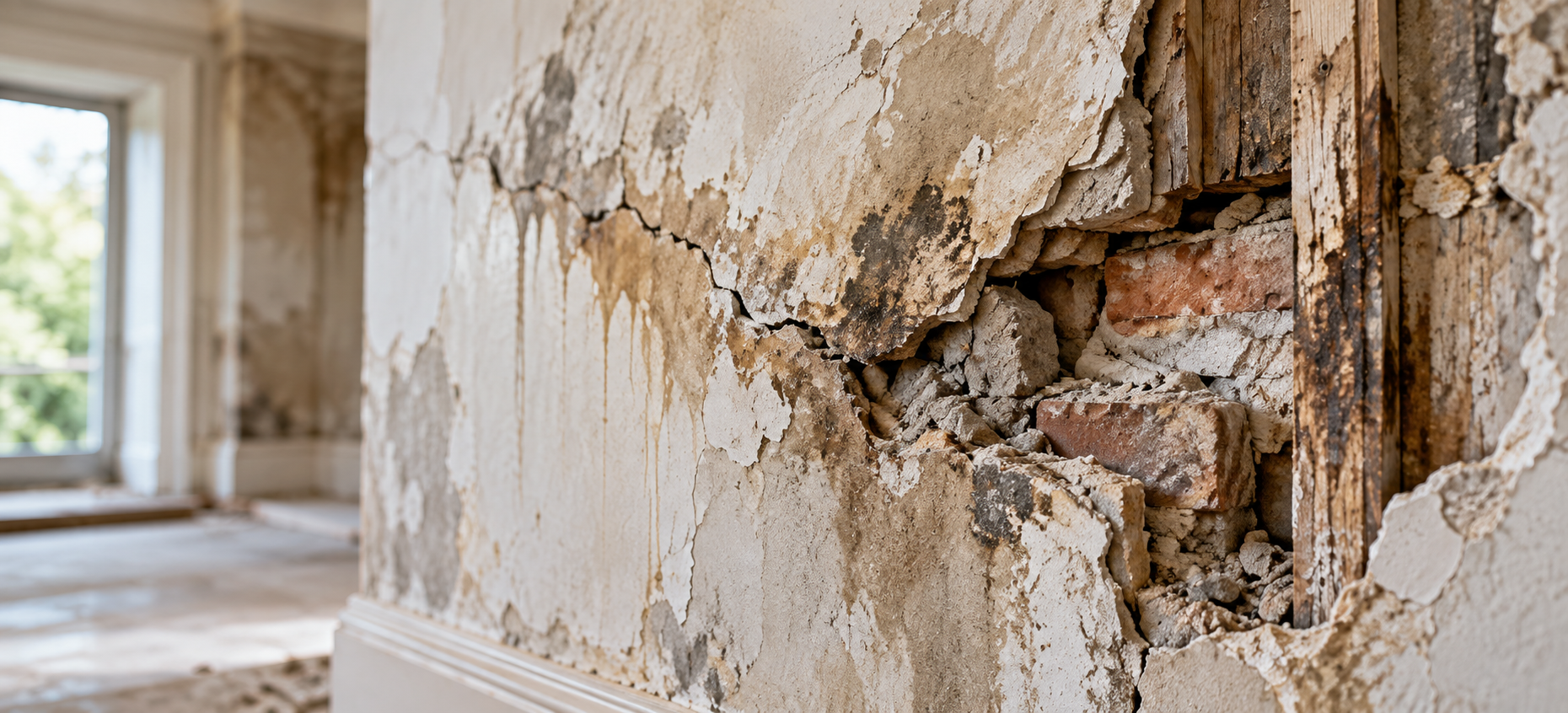 Water-damaged wall opened for investigation and technical remedial works