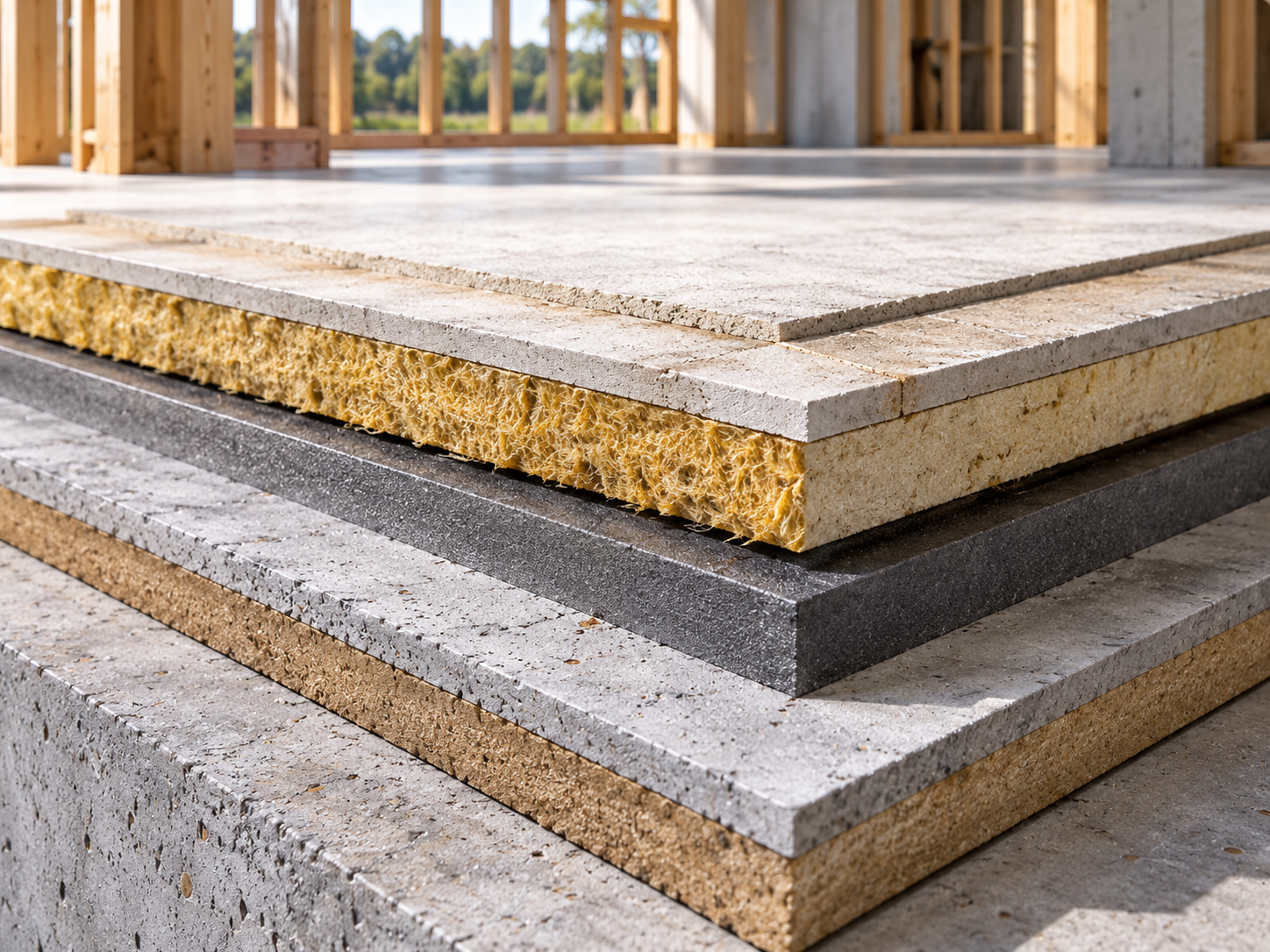 Layered floor construction showing insulation, substrate and finished surface build-up