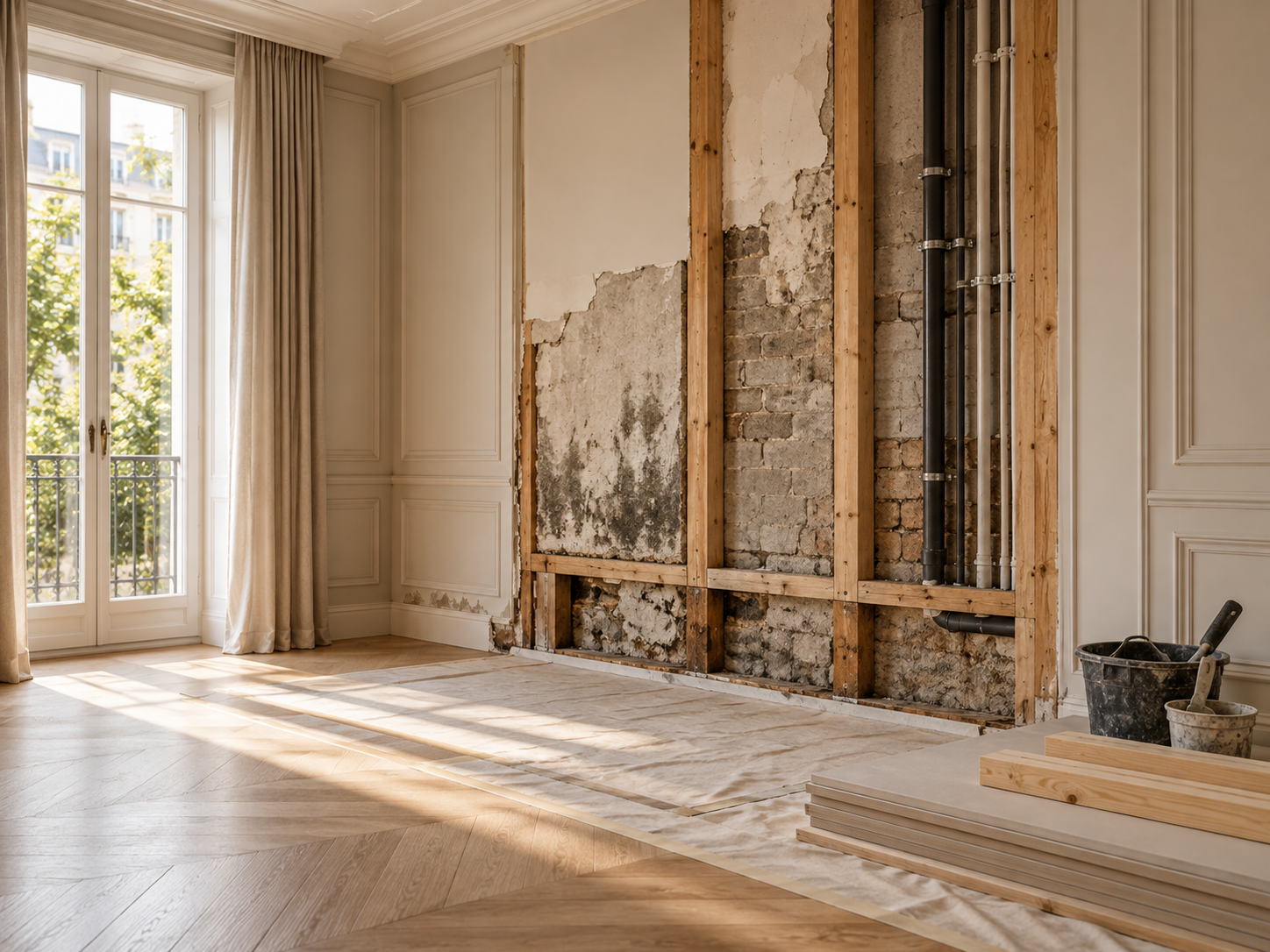 Moisture-damaged wall opened to expose timber studs and masonry for remedial repair