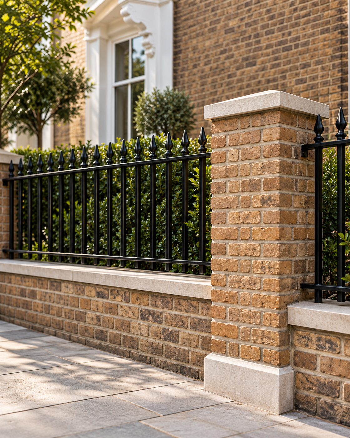 Brick boundary wall with masonry pier and black metal railings